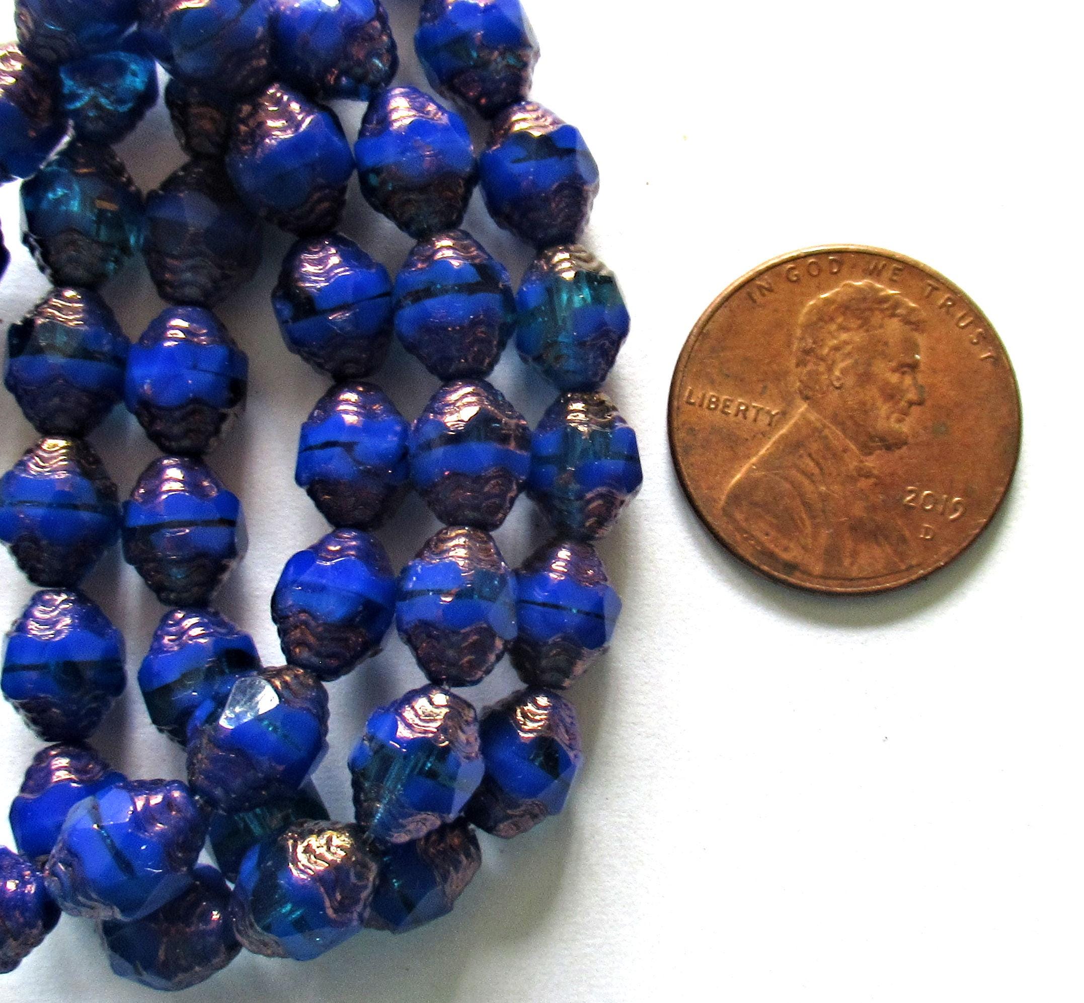 15 Czech glass mini antique style faceted oval beads - 8 x 6mm - blue mix with bronze accents - cathedral beads - C00892
