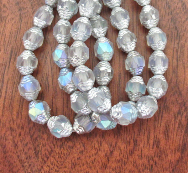15 Czech glass mini antique style faceted oval beads - 8 x 6mm matte crystal clear ab with silver accents - C00071