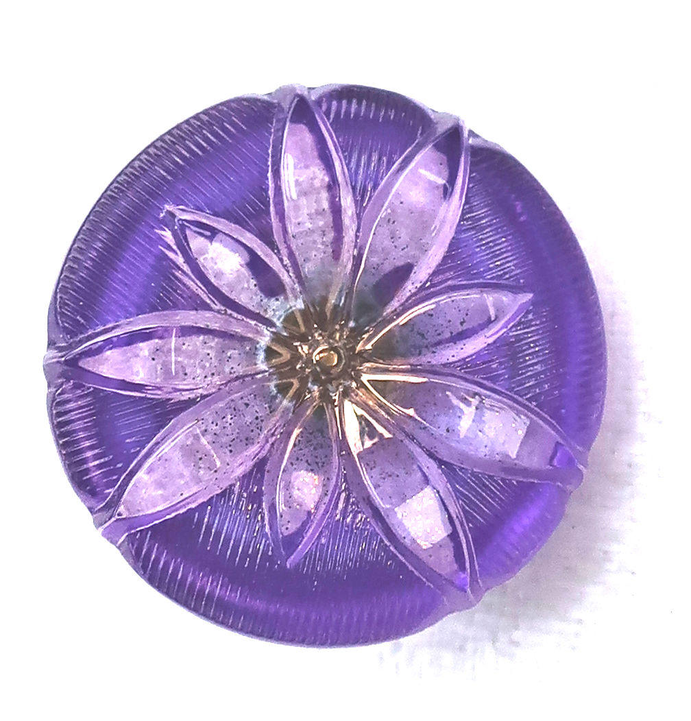 One 18mm Czech glass button, lavender lotus flower on a purple background with gold accents, decorative floral shank button 53201
