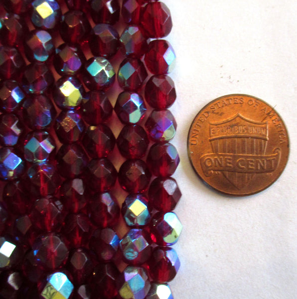 25 6mm garnet Czech glass beads - garnet ruby red ab beads - faceted fire polished round beads - C0055