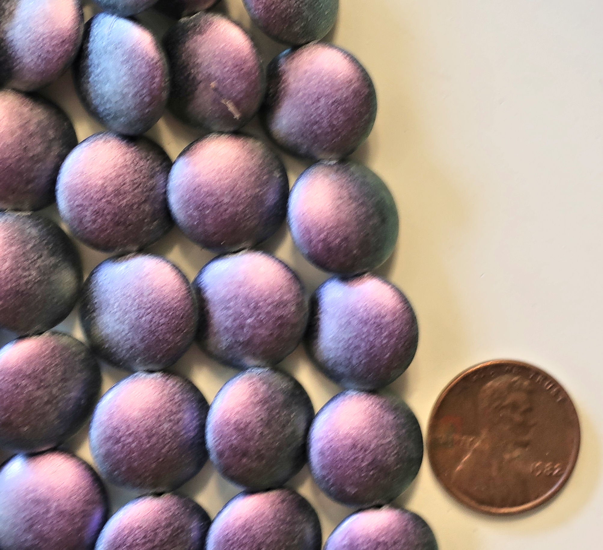 Lot of 8 Czech glass coin beads - 14mm puffy pillow beads - Polychrome Orchid Aqua - purple C0601