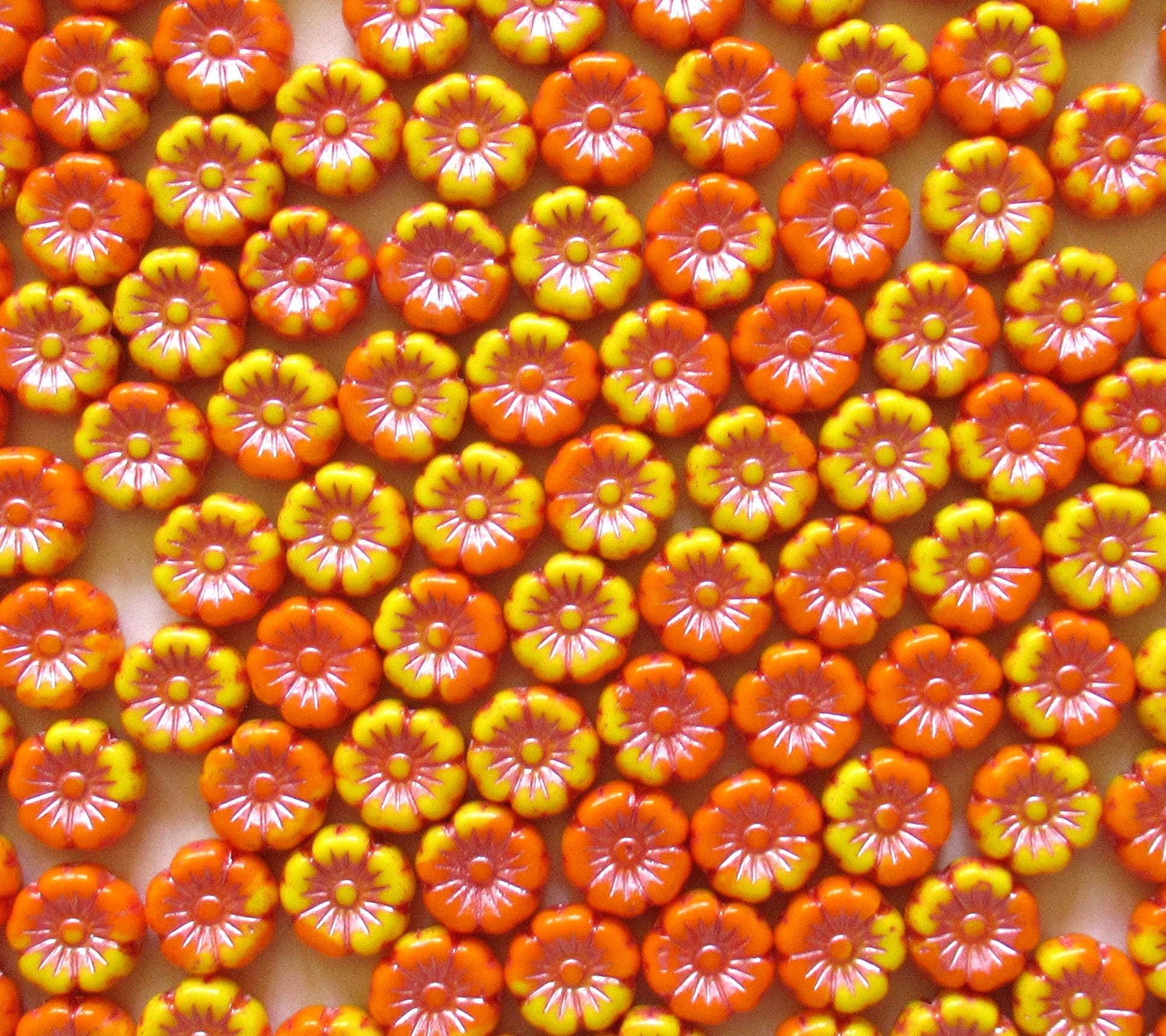 Lot of 15 8mm Czech glass flower beads - marbled opaque orange and yellow mix w/ pink centers - Hawaiian hibiscus flower beads C00701