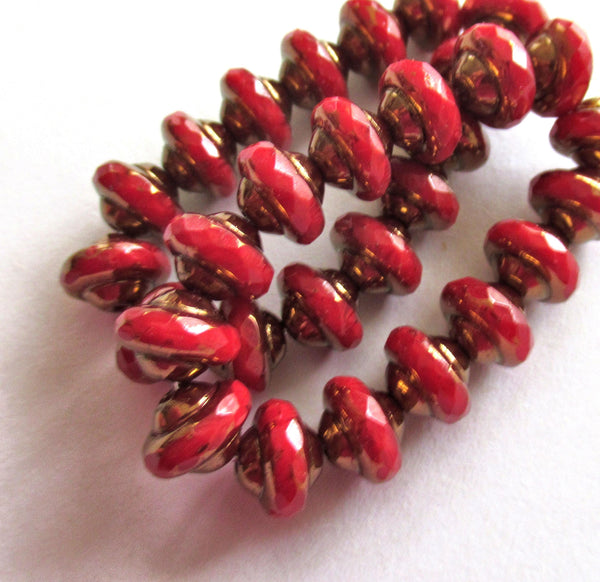 15 Czech glass mini saturn or saucer beads - opaque bright red w/ bronze picasso accents - 6 x 8mm faceted fire polished beads- C00842