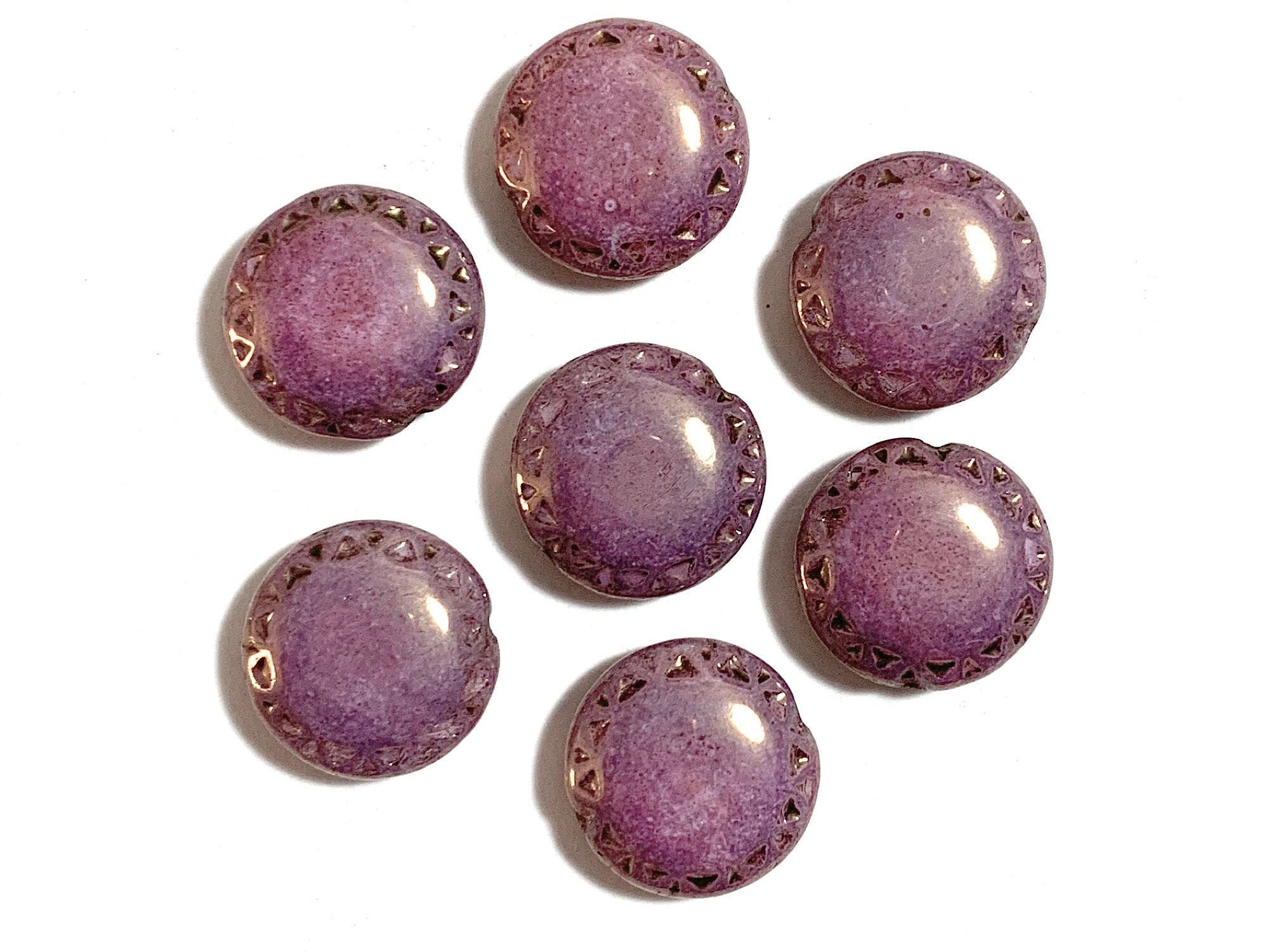 Six 16mm Czech glass puffy coin or disc beads - opaque lilac purple Aztec sun beads w/ a gold luster finish and textured edges C0501