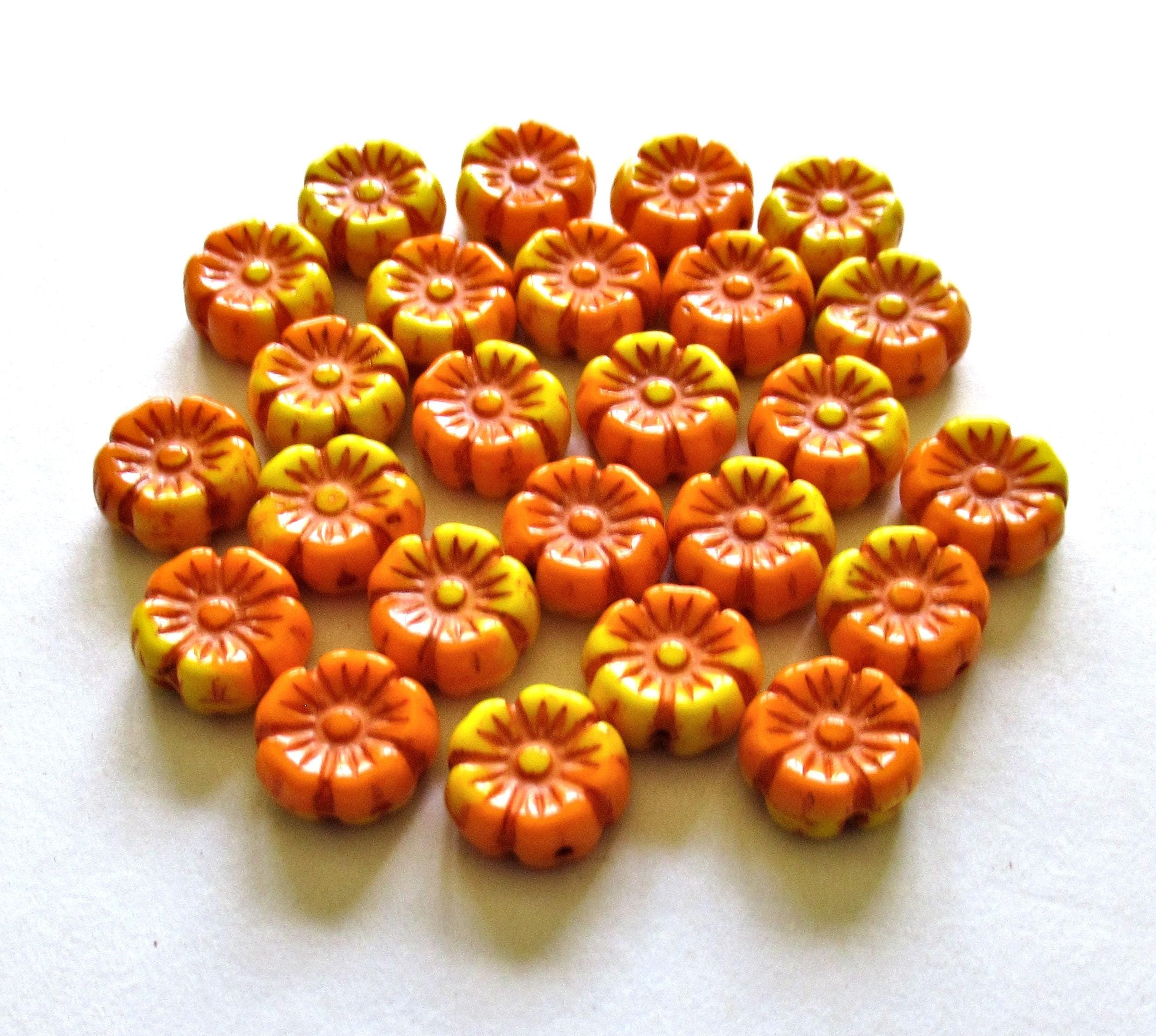 15 Czech glass flower beads - 10mm - marbled opaque bright orange and yellow - C00131