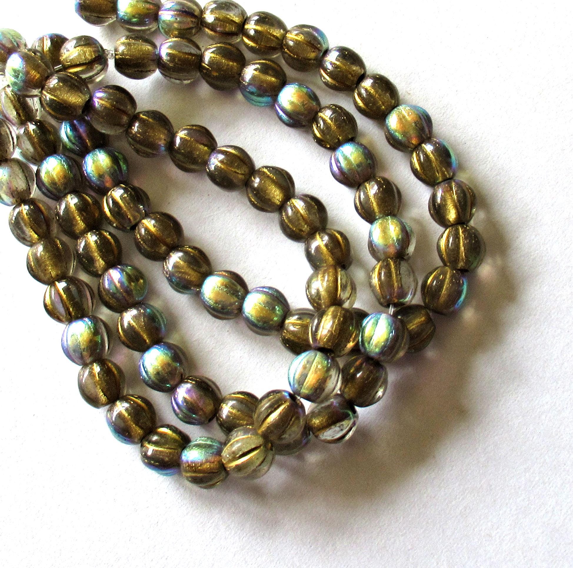 25 6mm Czech glass big hole melon beads - 6mm - gold lined clear with a gold wash and AB finish - C0089