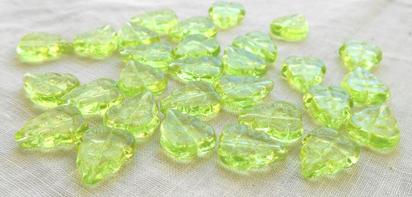 25 Czech glass birch leaf beads - Light Peridot Lime Green - 12 x 10mm - large center drilled leaves - C6801