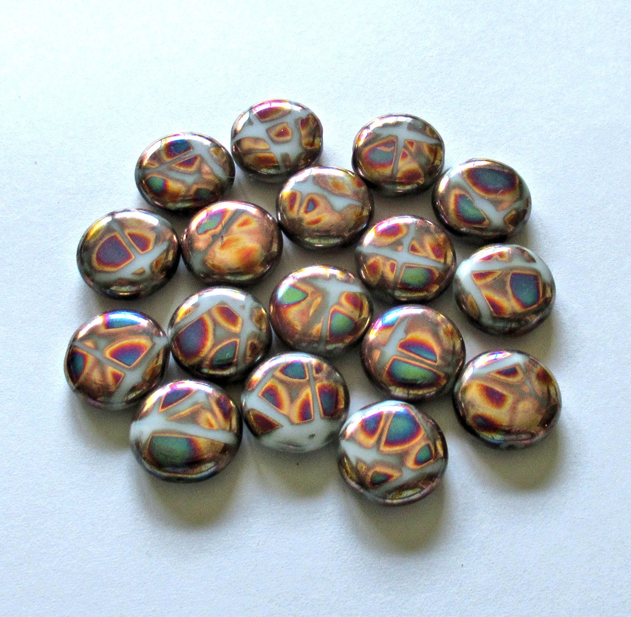 Six Czech glass peacock coin beads - 15mm - copper blue & pink - C00651