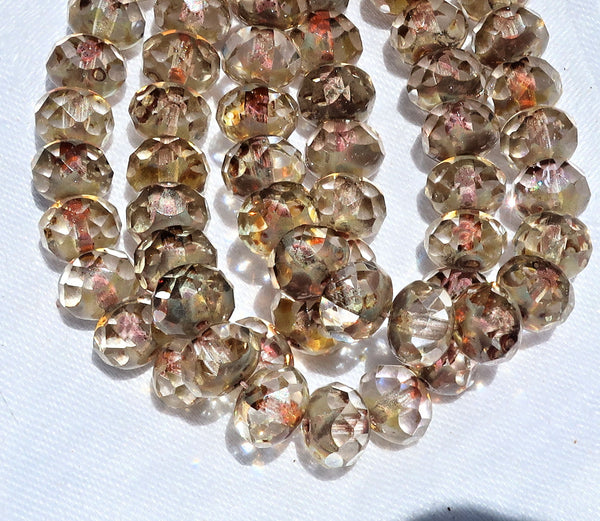 Lot of 25 Czech glass puffy rondelle beads - transparent crystal picasso, 8mm x 6mm neutral, rustic, earthy faceted rondelles 25201