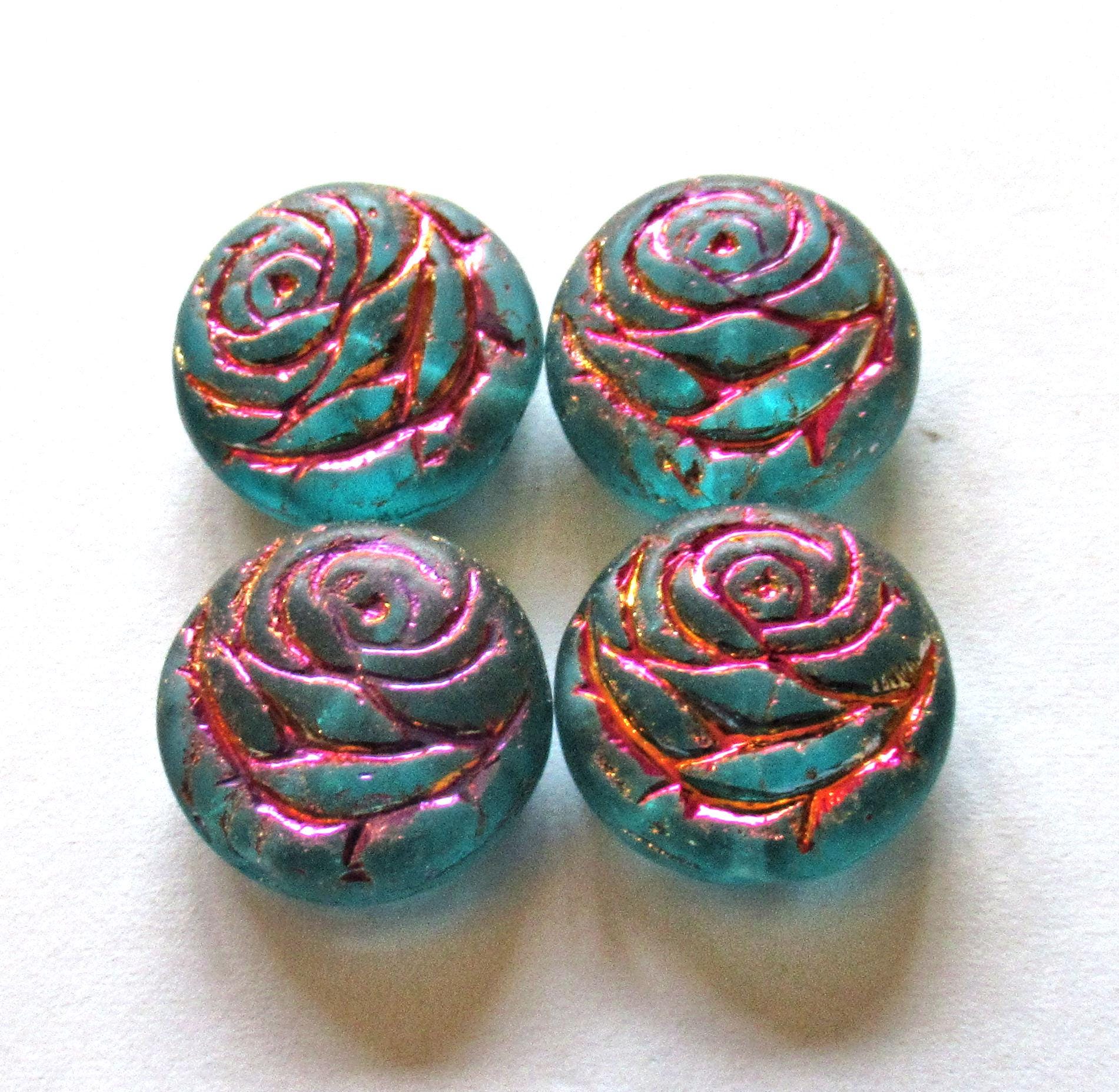 6 Czech glass flower coin beads - 17mm - teal blue green - puffy pillow rose beads w/ a metallic wash - C00522