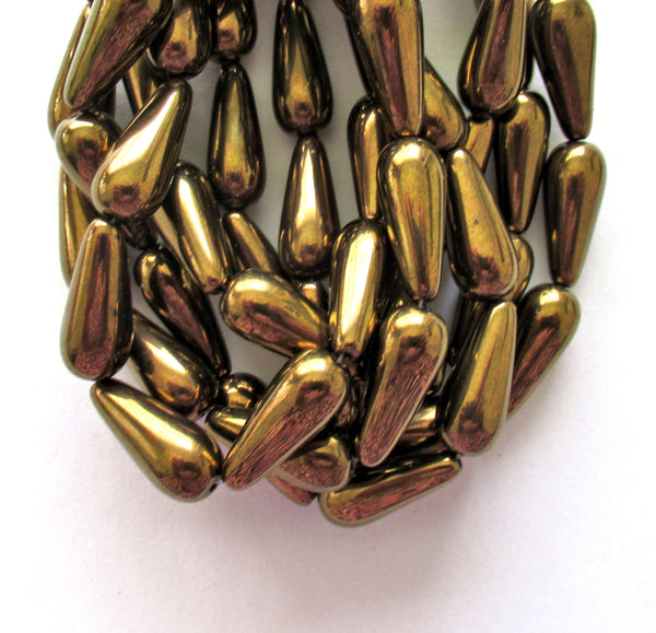 Six large Czech glass teardrop beads - bronze 9 x 20mm drop beads 00018