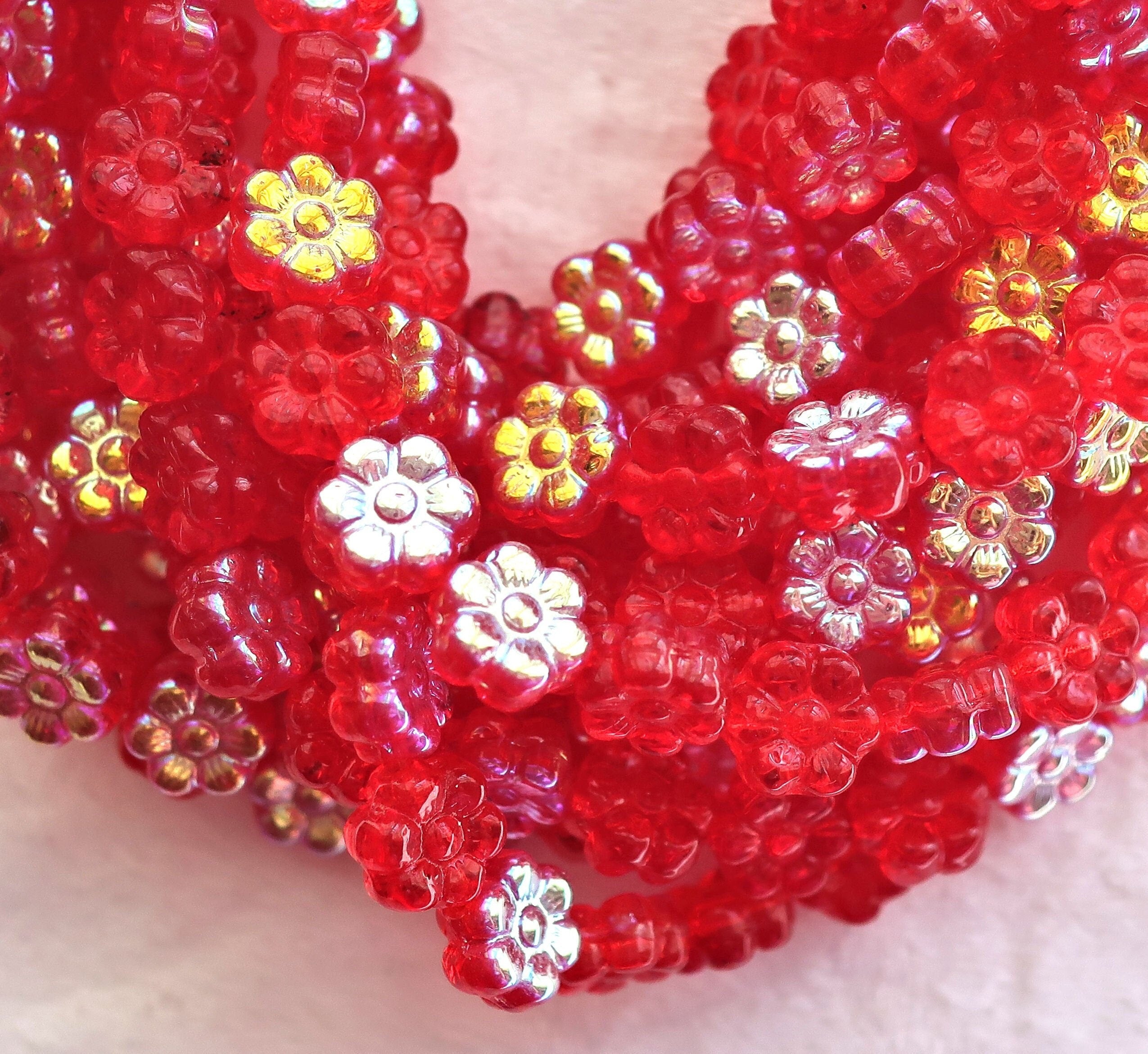 25 8mm Czech glass flower beads - bright siam red AB - pressed glass floral beads - C0074