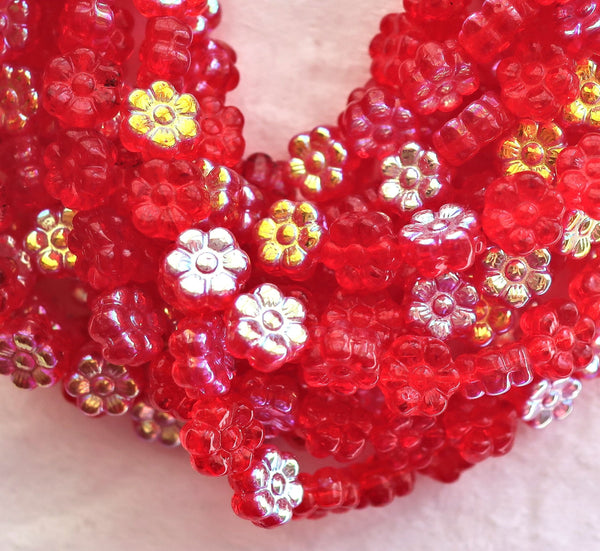 25 8mm Czech glass flower beads - bright siam red AB - pressed glass floral beads - C0074