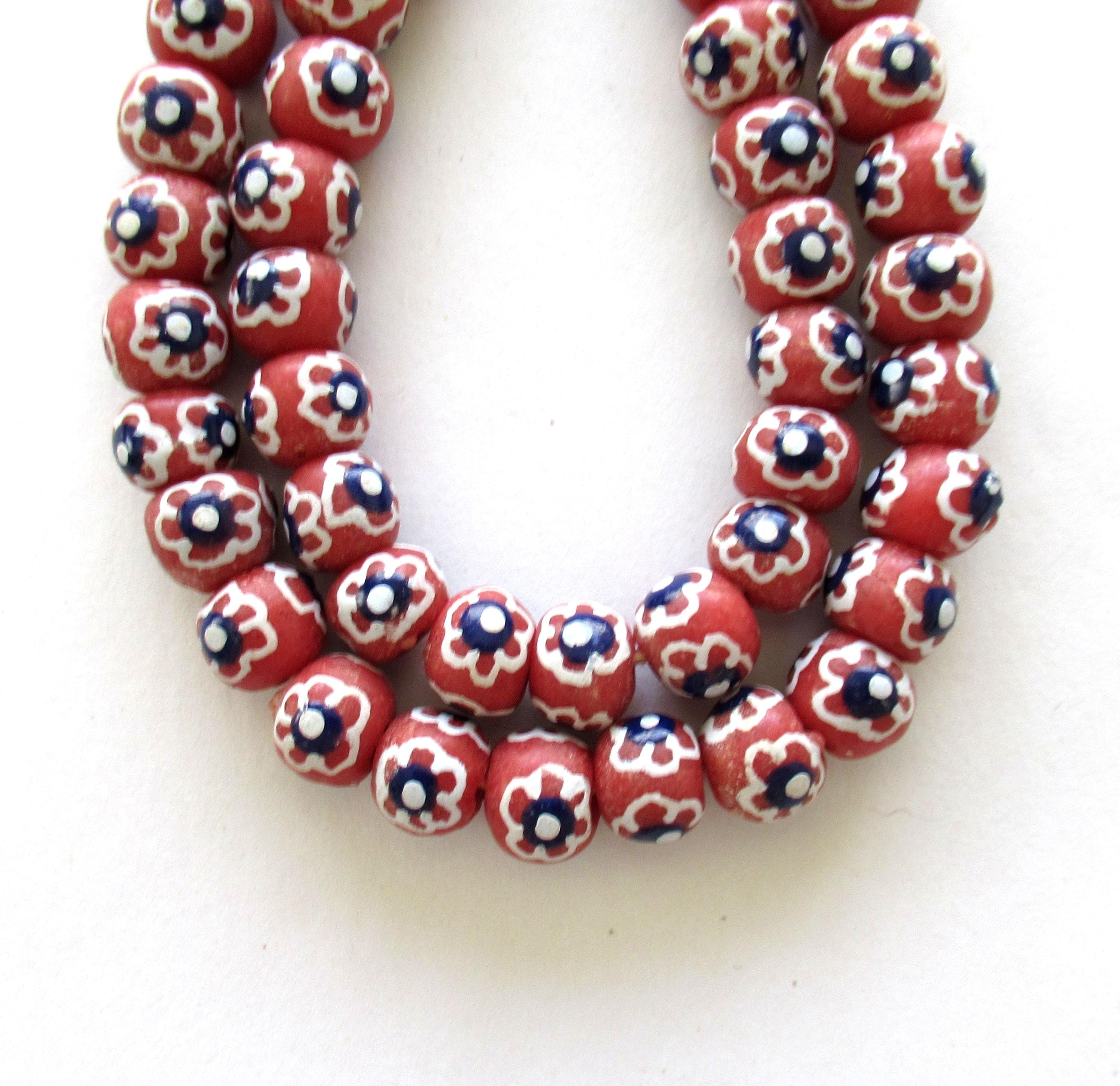 African Ghana Krobo glass donut or rondelle beads - red white & black flower beads - 12mm - big hole rustic beads - 8 beads - C00321