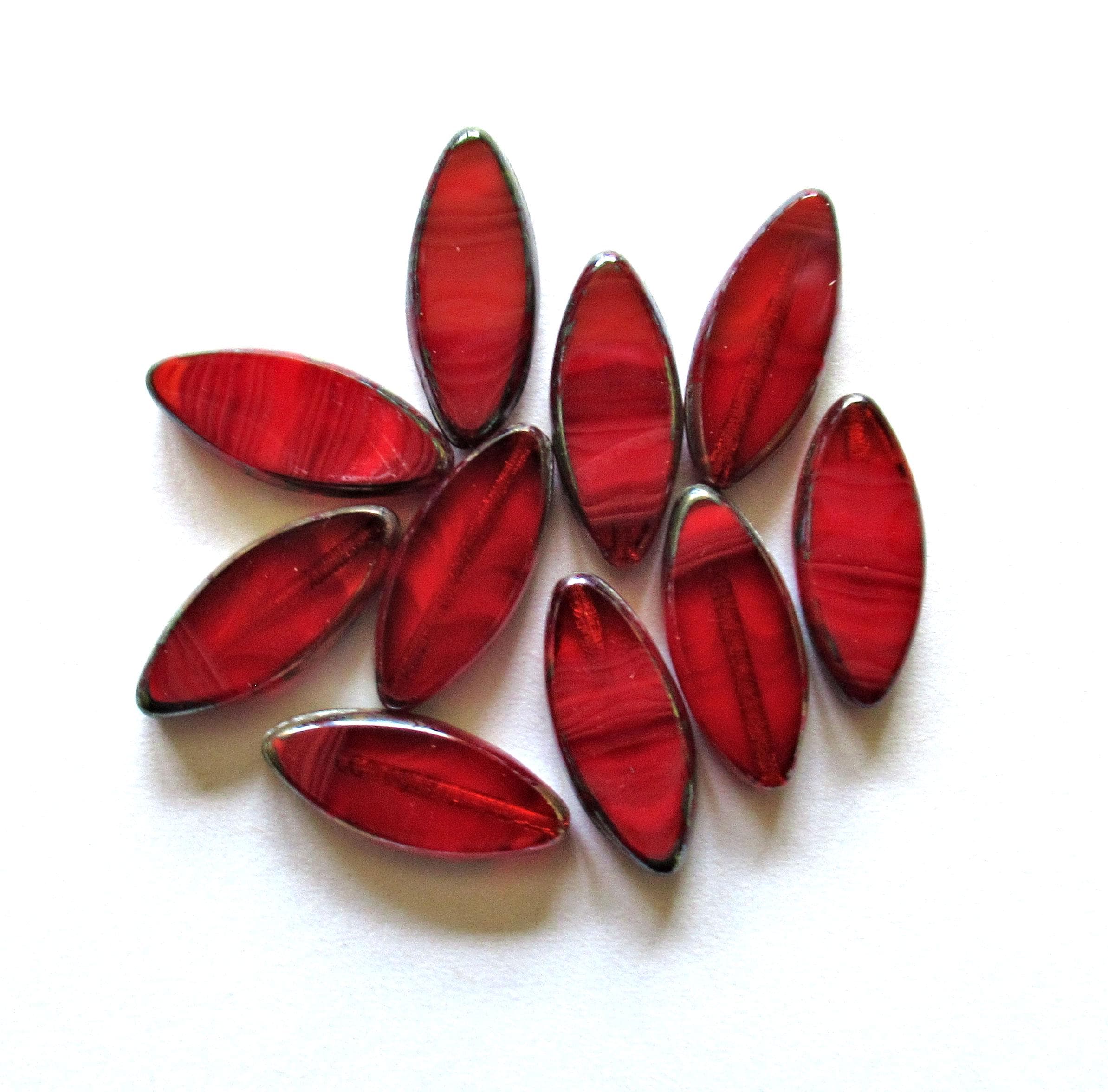 Ten Czech glass spindle beads - 18 x 7mm - opaque & transparent red silk - table cut almond shaped tube beads C00113