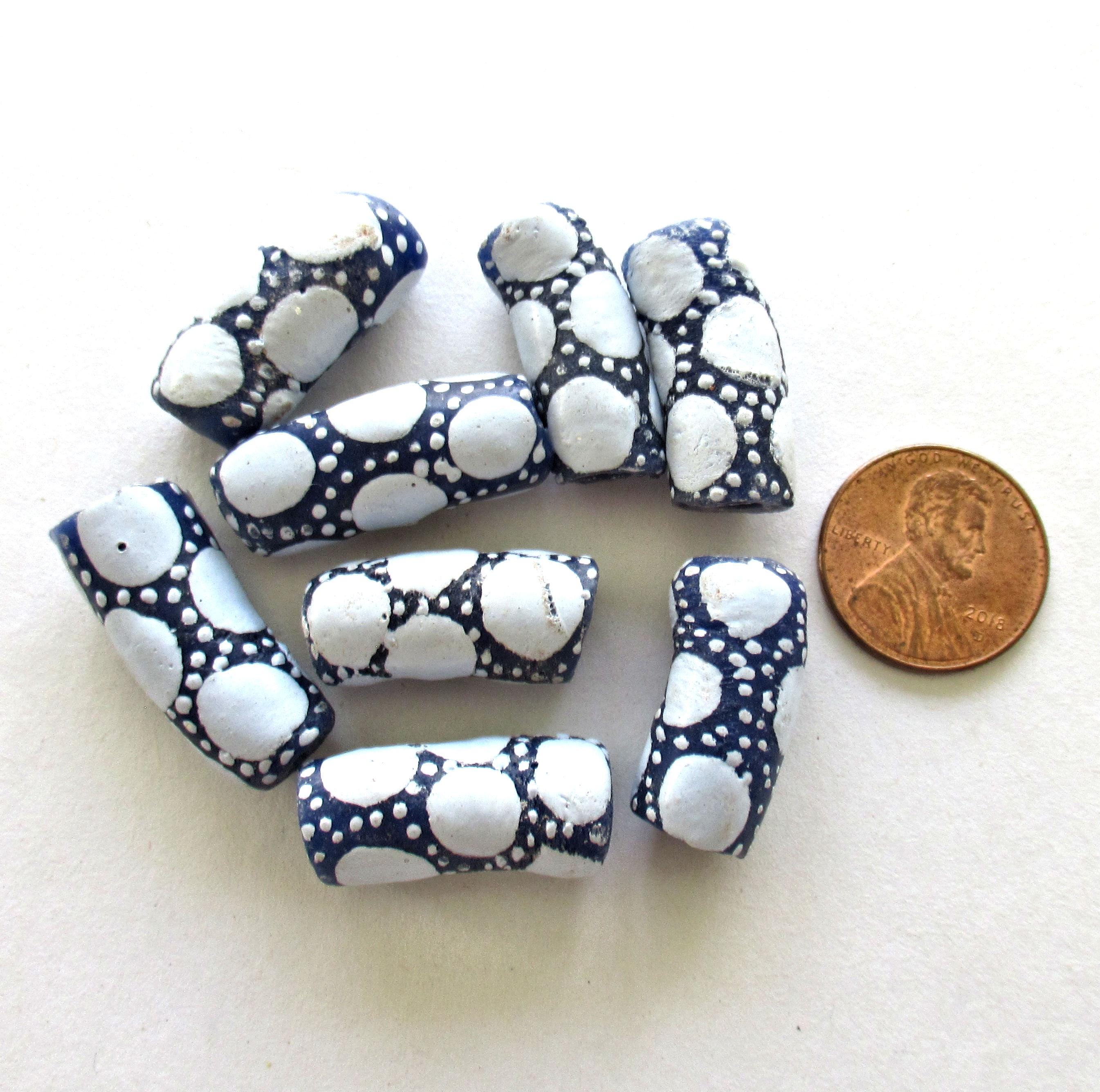5 African Ghana glass curved tube beads - dark blue beads w/ light blue dots - 25 - 23mm by 9 - 11mm - big hole rustic beads - C00251