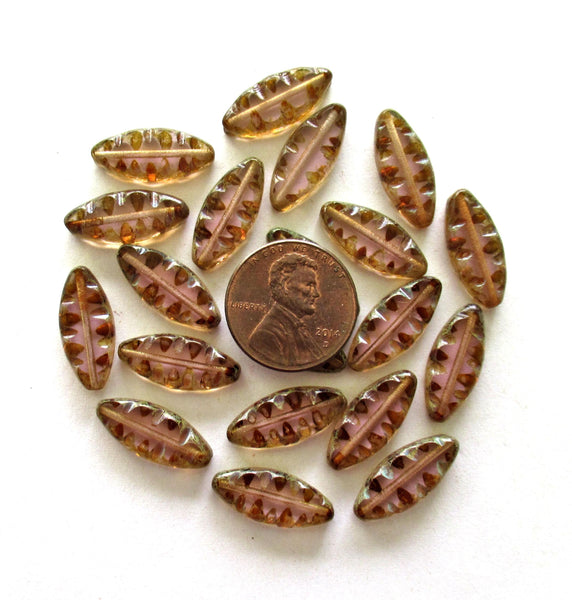 Ten Czech glass notched spindle beads - light purple or amethyst picasso beads - 16mm x 6mm - table cut almond shaped beads - C00081