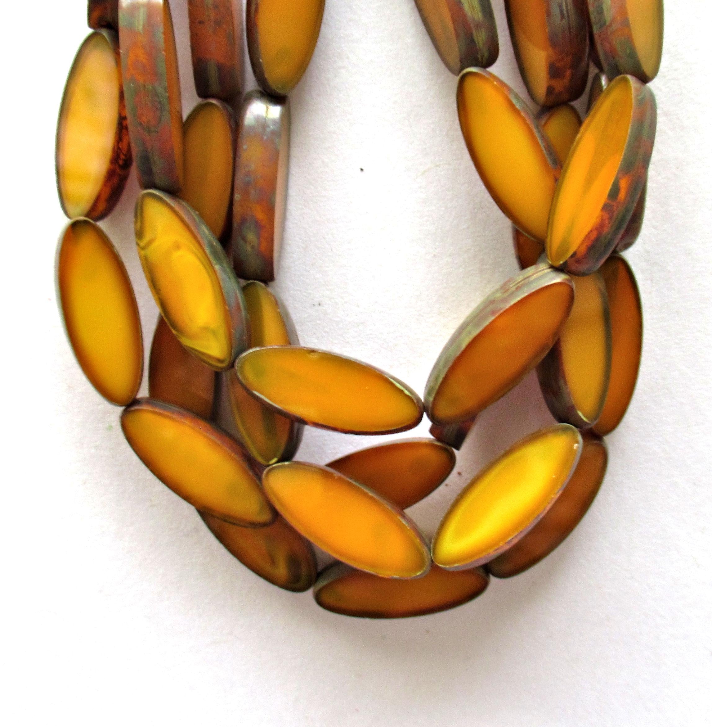 Pumpkin spindle beads - translucent pumpkin orange picasso - Czech glass table cut almond shaped beads - 16 x 6mm - 10 pieces - C00921
