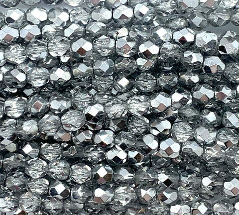 25 faceted round Czech glass beads - 6mm fire polished silver crystal mix beads - C0064