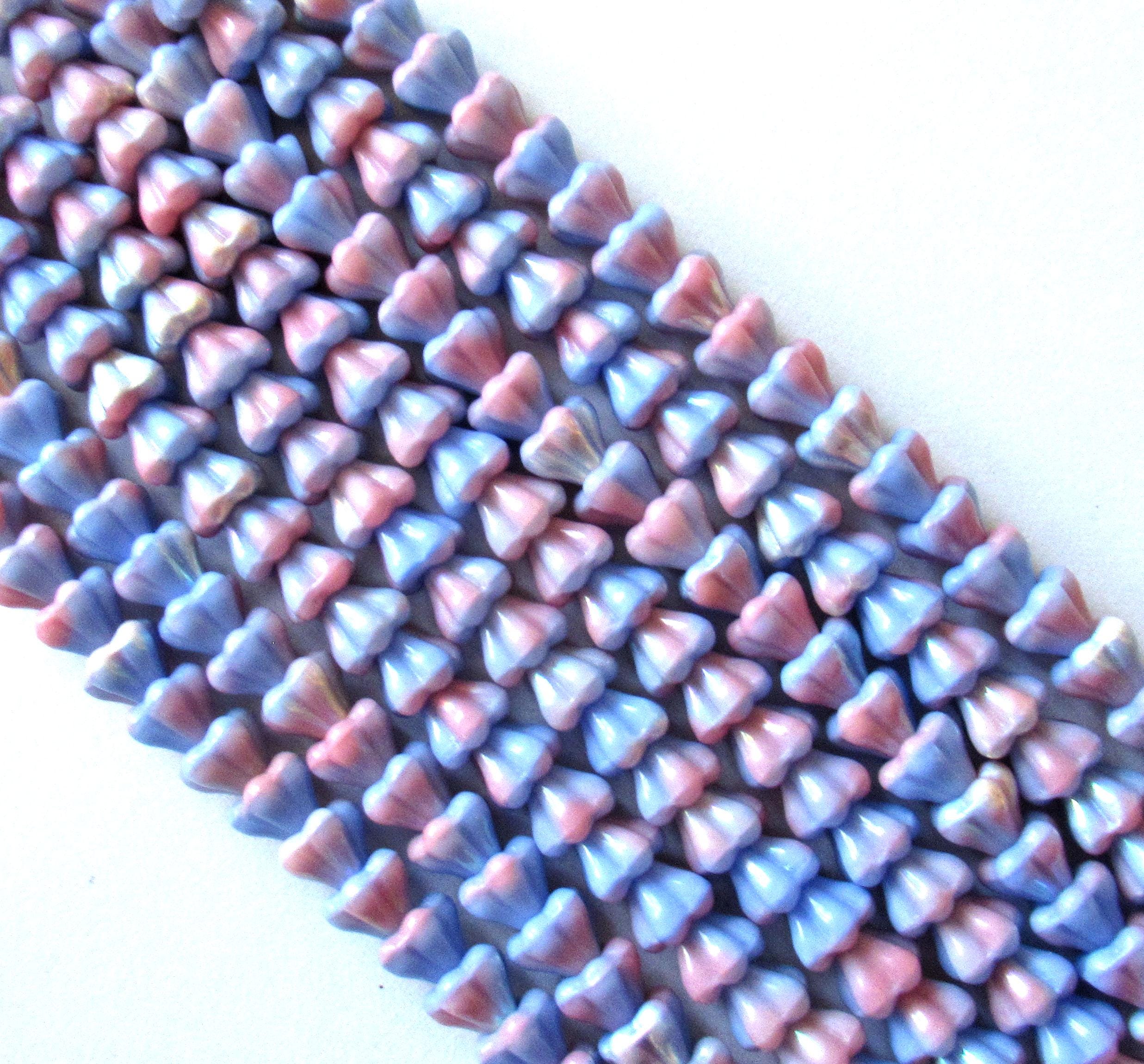 50 Czech glass baby bell flower beads - 6mm x 4mm - opaque marbled pink and blue AB - C00751