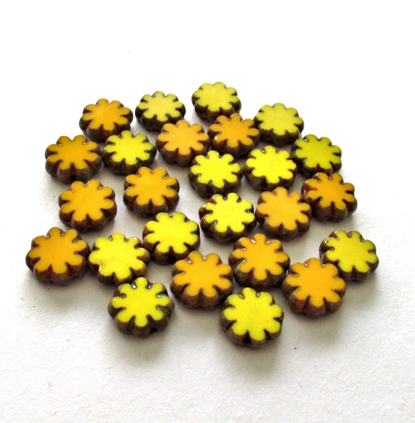 15 Czech glass flower beads - orange & yellow mix picasso beads - 9mm - table cut cactus flower beads - C00261