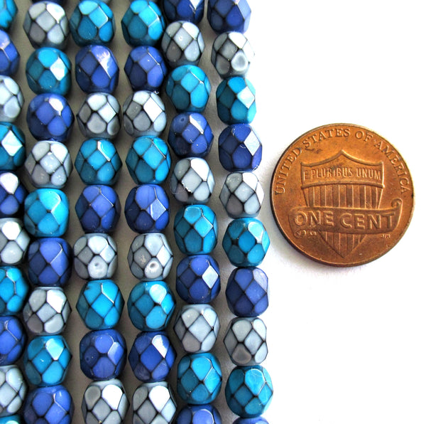 Snake skin beads - blue & gray mix - 6mm - Czech glass fire polished faceted round beads - discontinued beads - 25 pieces - C0000