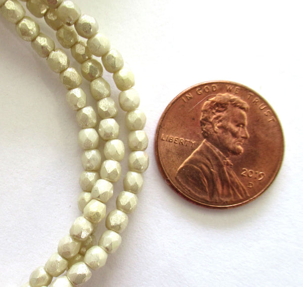50 3mm Czech glass beads - opaque off white with a silver mercury finish - fire polished, faceted round beads C0028