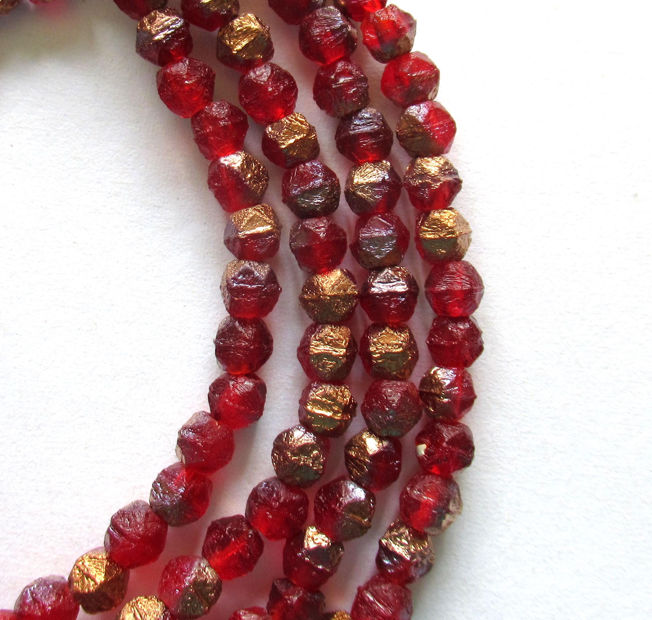 50 4mm Czech glass etched English cut beads - ruby red beads with copper accents - C00311