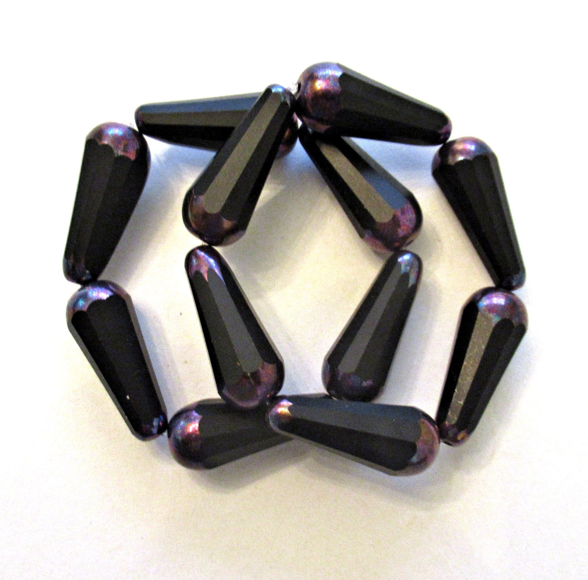 Six Czech glass long faceted teardrop beads - opaque jet black w/ purple bronze ab accents - 9 x 20mm elongated tear drops 00391