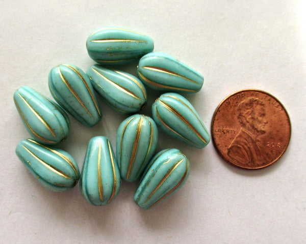 Ten Czech glass teardrop melon beads - turquoise blue green w/ gold accents - 15 x 8mm tear drops 00081