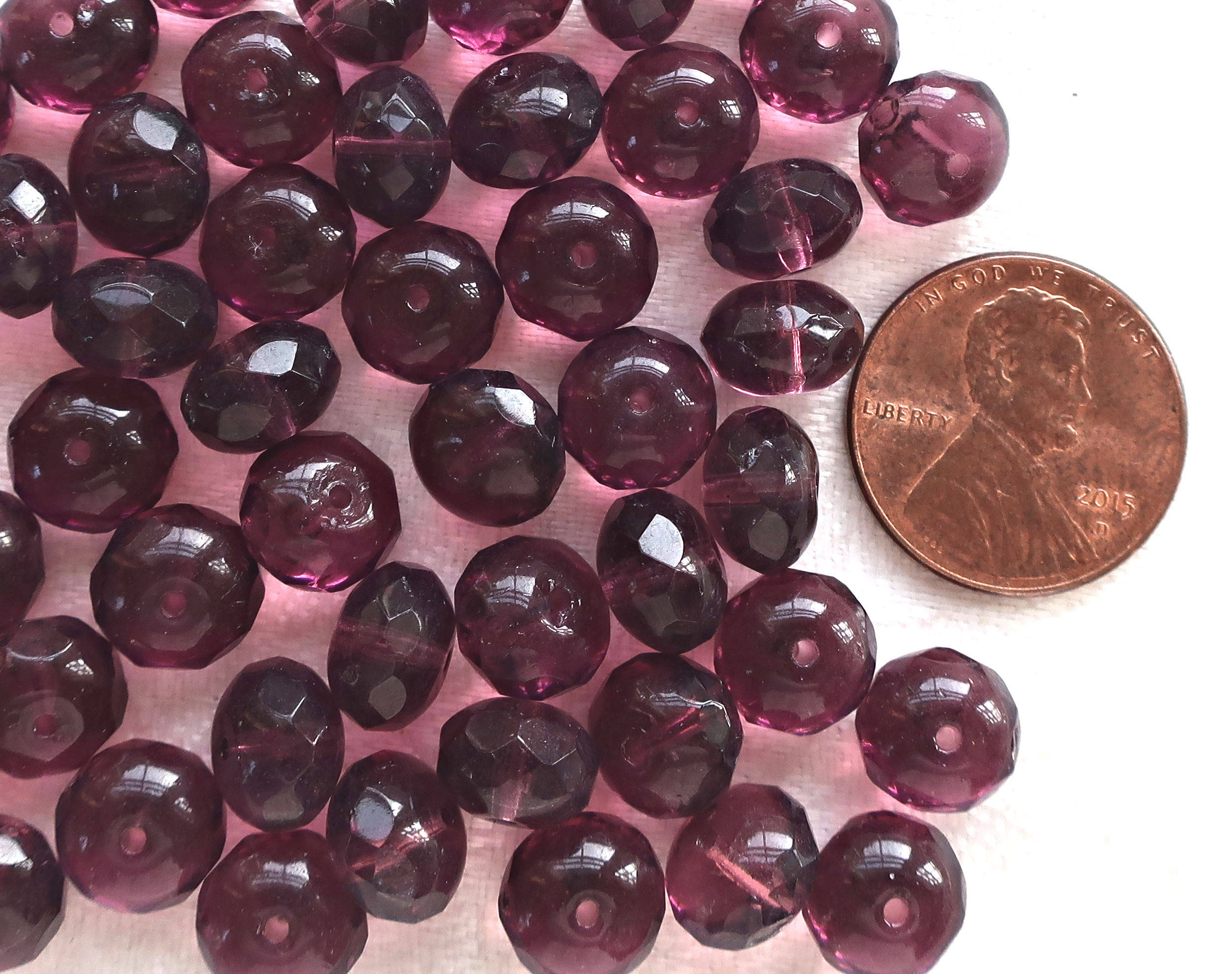 25 6 x 9mm Amethyst puffy rondelle beads, fire polished, faceted Czech glass beads C2925