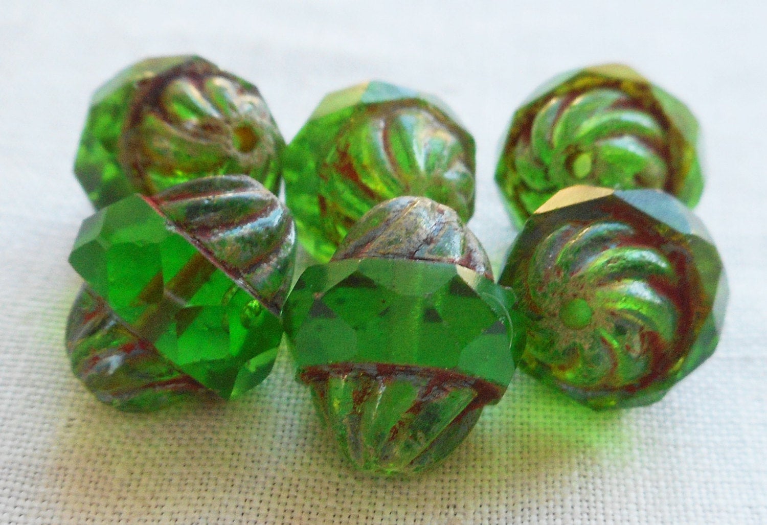 Ten 11 x 10mm Czech glass turbine beads, Pierdot or Light Emerald Green with a Picasso finish, saturn beads C80101
