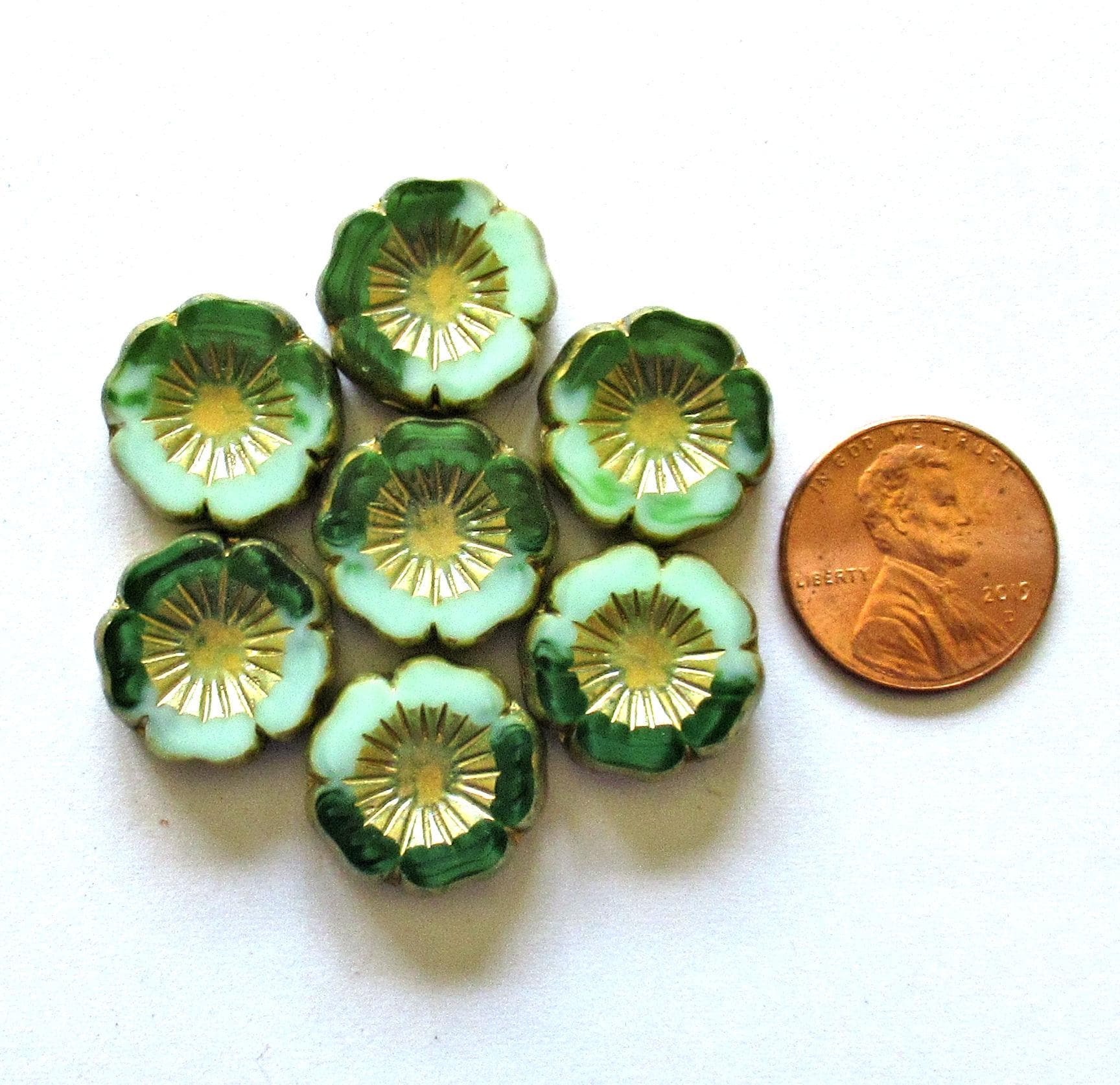 Five large Czech glass flower beads - 16mm - green mix vaseline glass - table cut & carved - Hawaiian hibiscus flowers - C00522