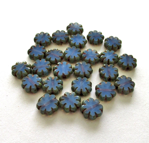 15 Czech glass flower beads - cornflower blue picasso beads - 9mm - table cut cactus flower beads - C00261
