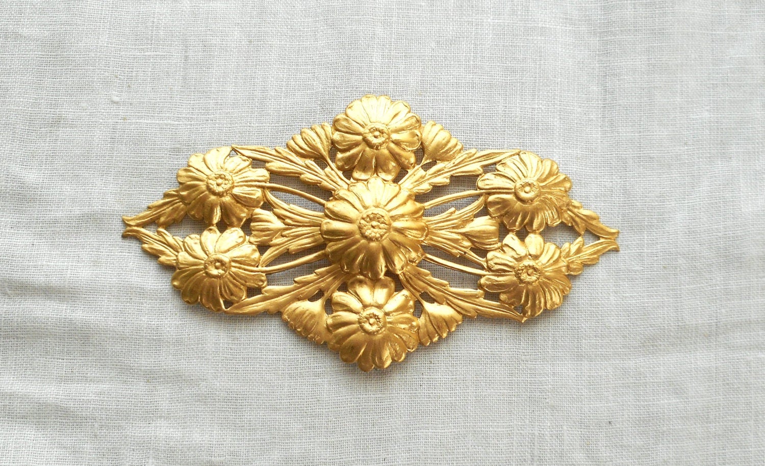 1 large raw brass Art Nouveau, Deco, Victorian Floral Filigree Dapt Connector, Pendant, stamping, ornament 80mm x 40mm made in the USA C5901 - Glorious Glass Beads