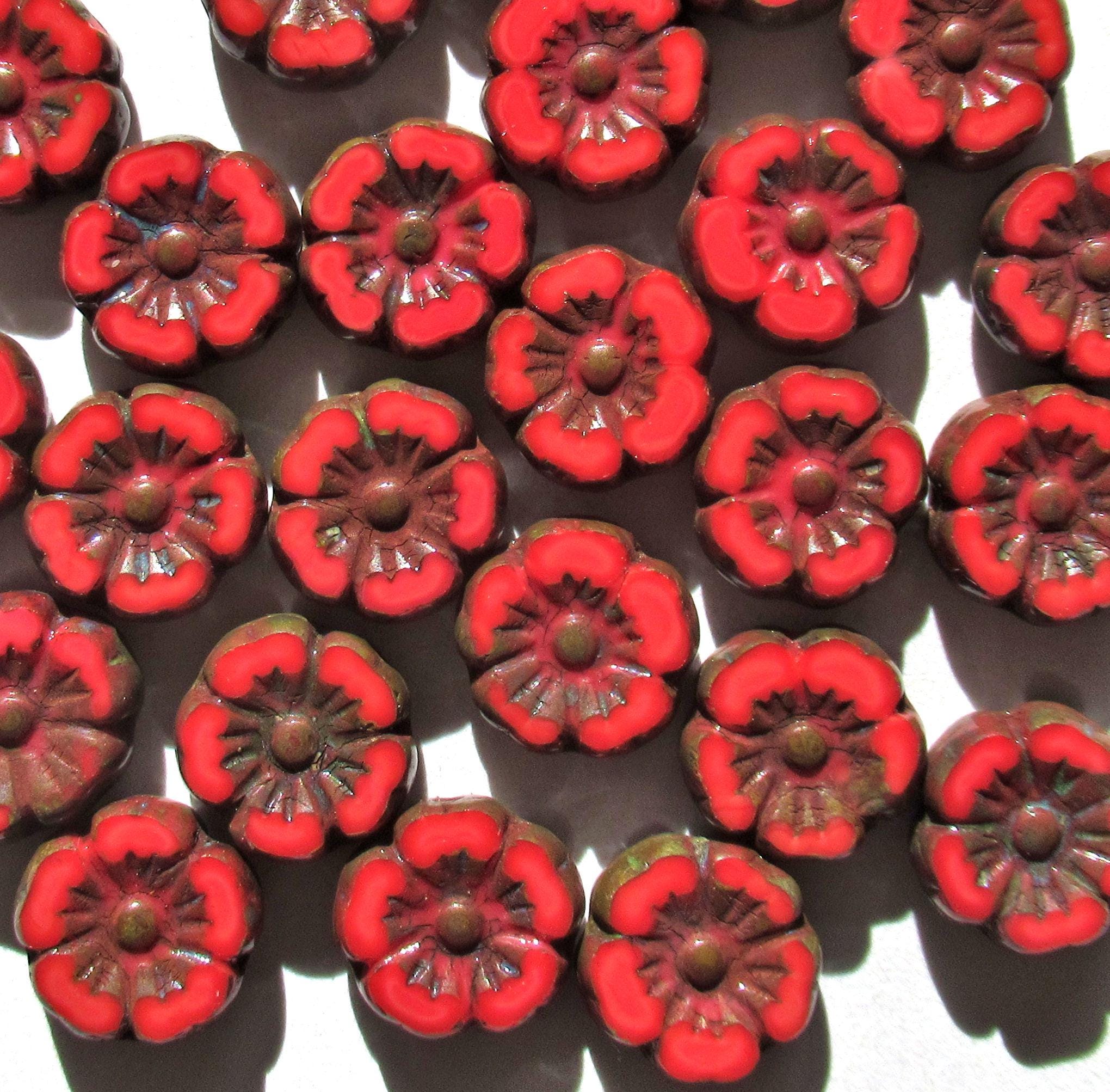 Ten 10mm Czech glass flower beads - opaque red w/ picasso accents - table cut carved Hawaiian hibiscus flowers - C00191