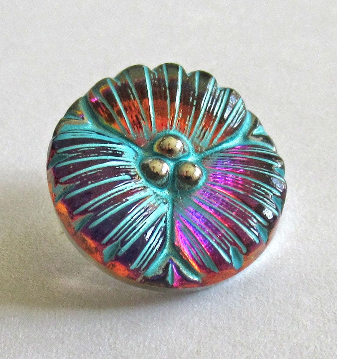 One 18mm Czech glass flower button -purple & pink w/ a turquoise wash - decorative floral shank buttons 00523