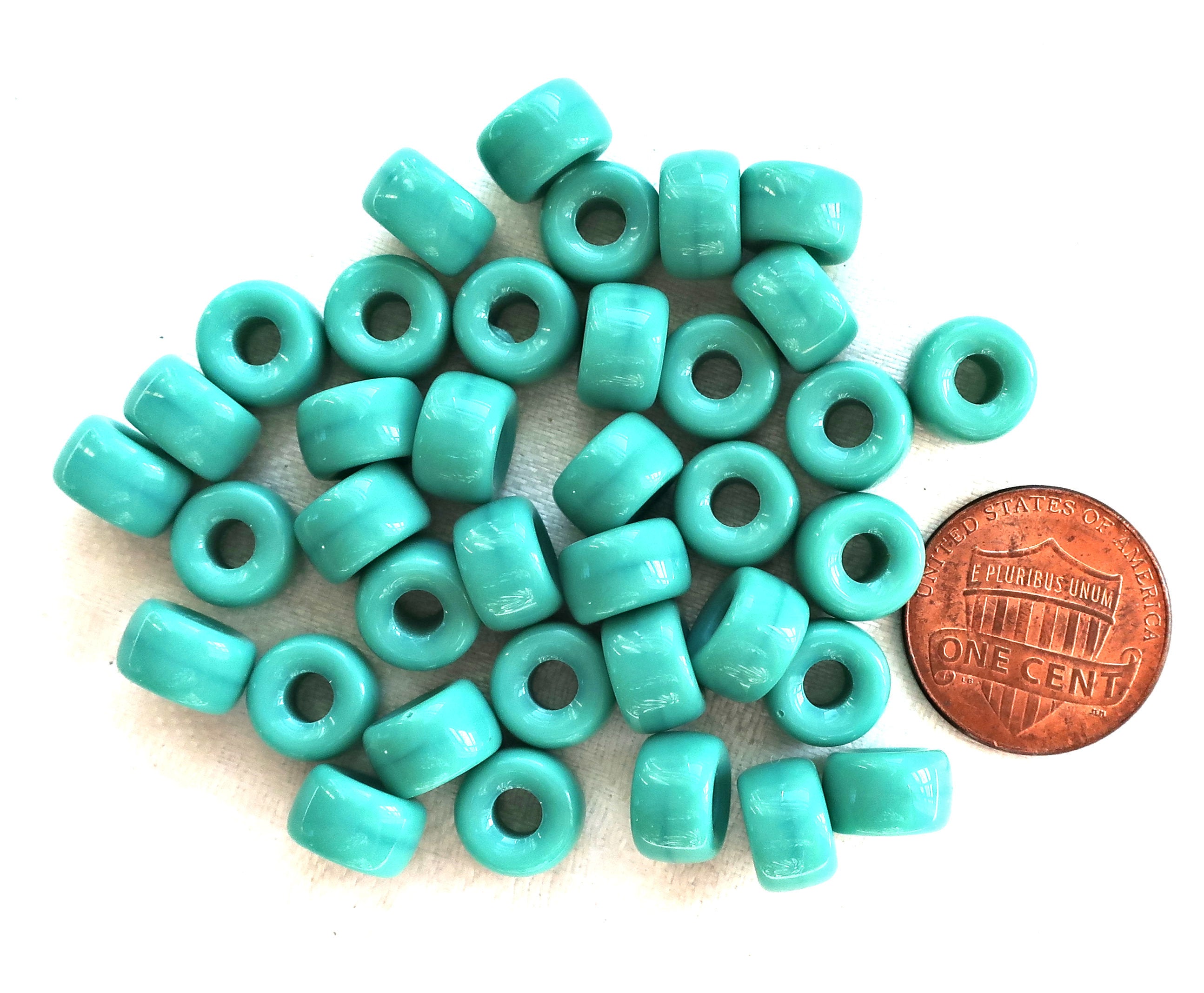 Lot of 25 9mm Opaque Turquoise Blue Green Czech glass pony, roller beads, large hole crow beads, C0097 - Glorious Glass Beads