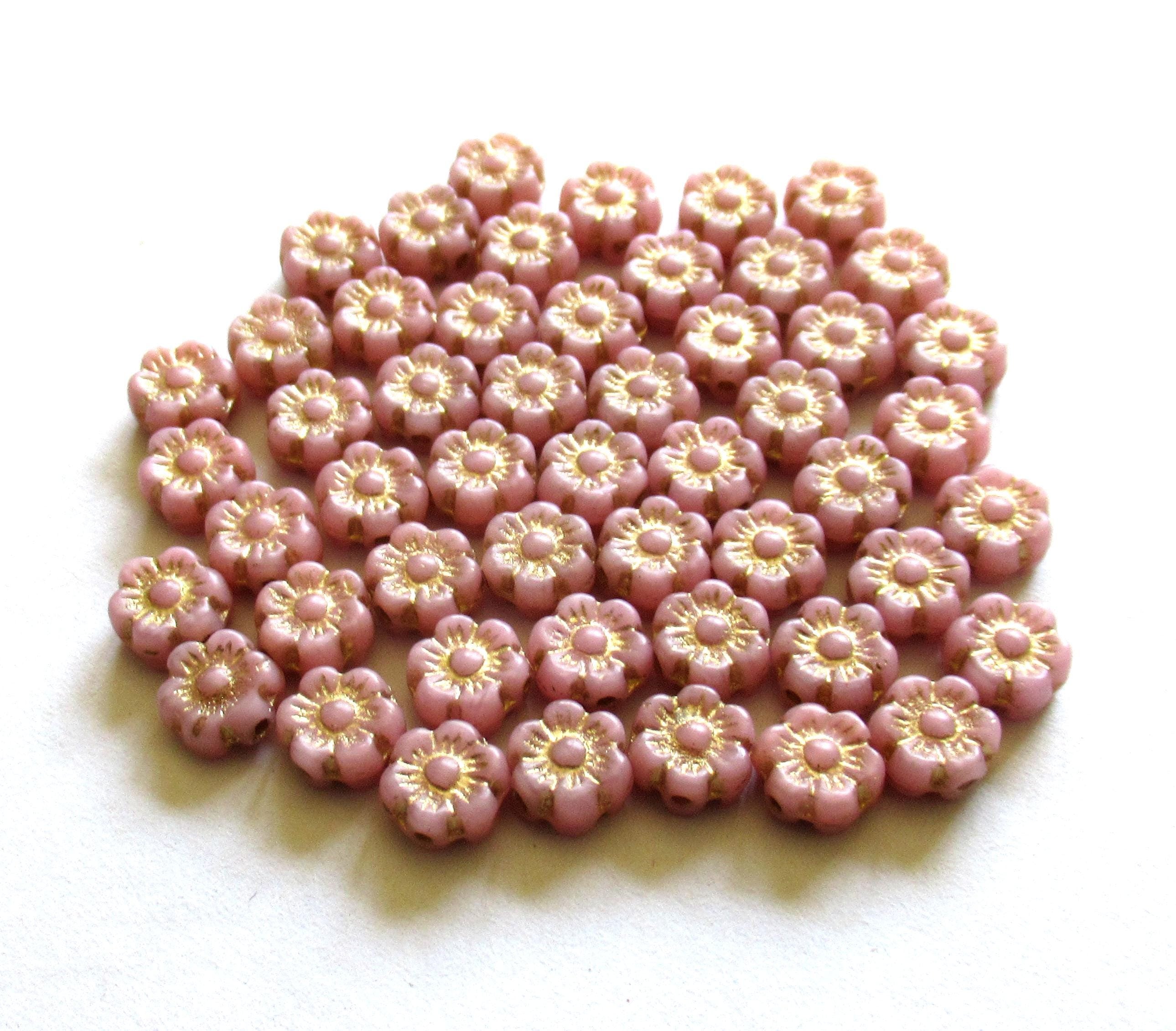 25 small Czech glass flower beads - 6mm - opaque pink with a gold wash - C0078