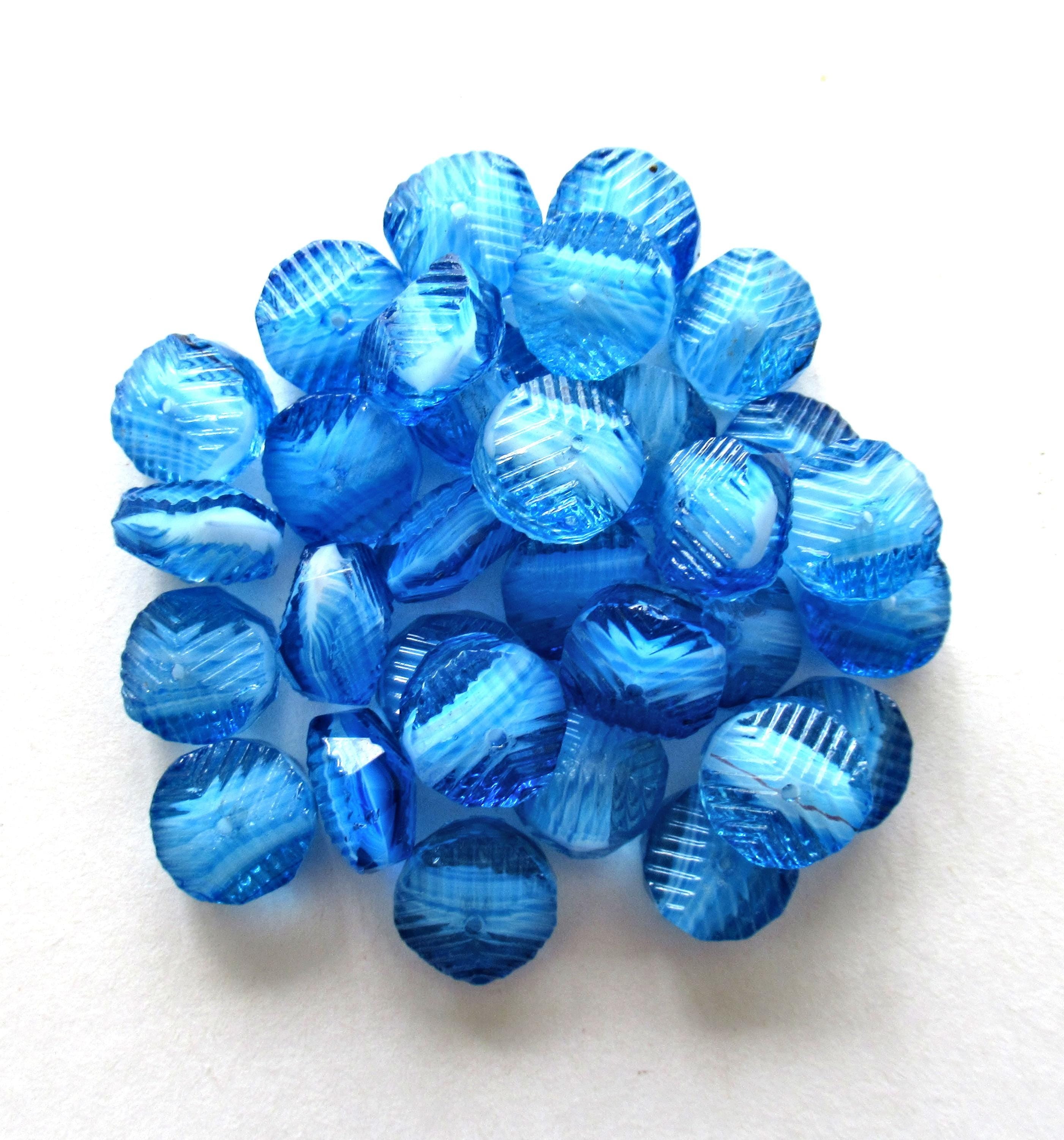 Six Czech glass faceted wavy rondelle beads - large 14 x 6mm - aqua blue & white - chunky statement or focal beads - C00291