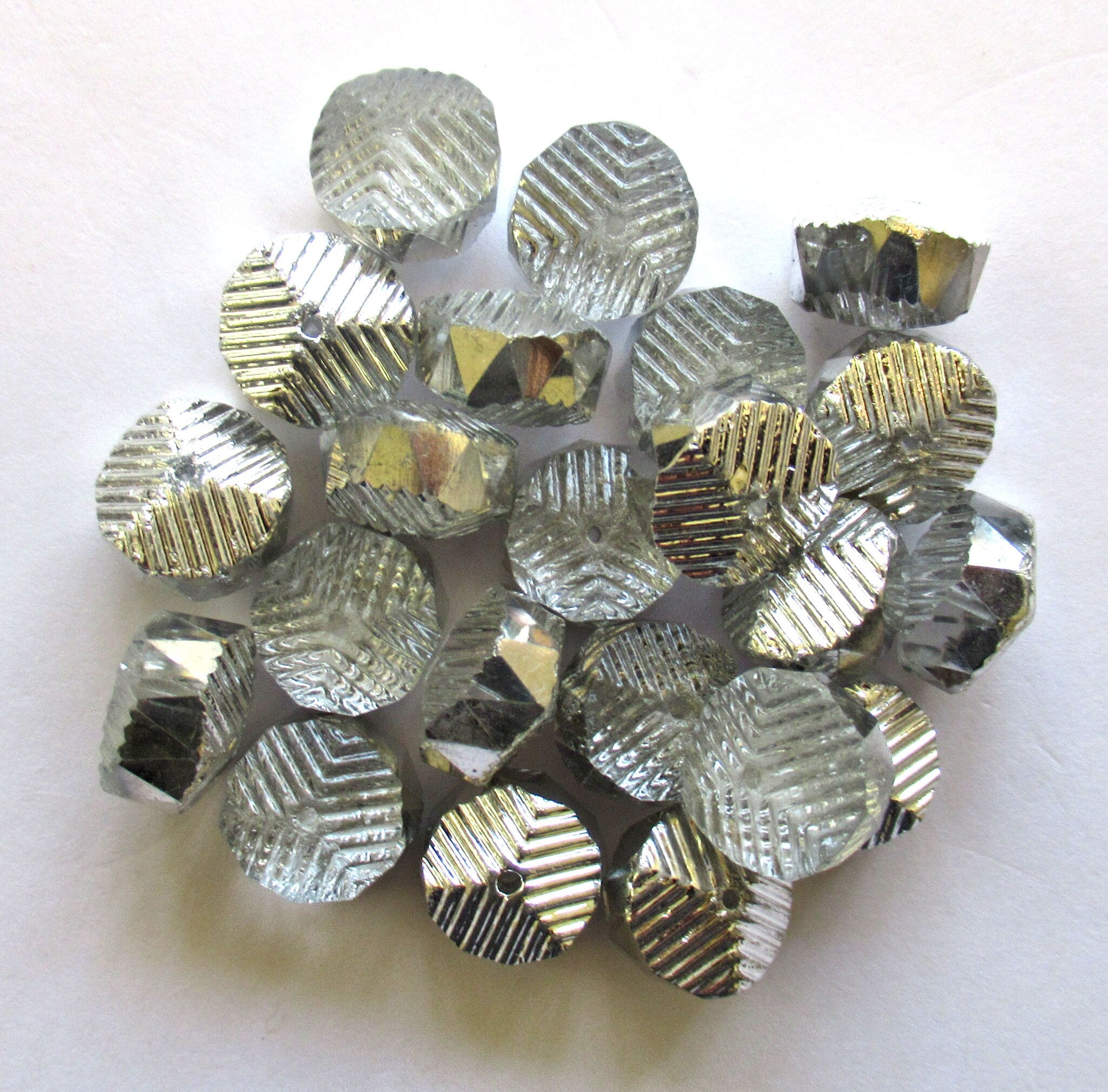 Six Czech glass faceted wavy rondelle beads - large 14 x 6mm silver and crystal mix chunky rondelles - C00941