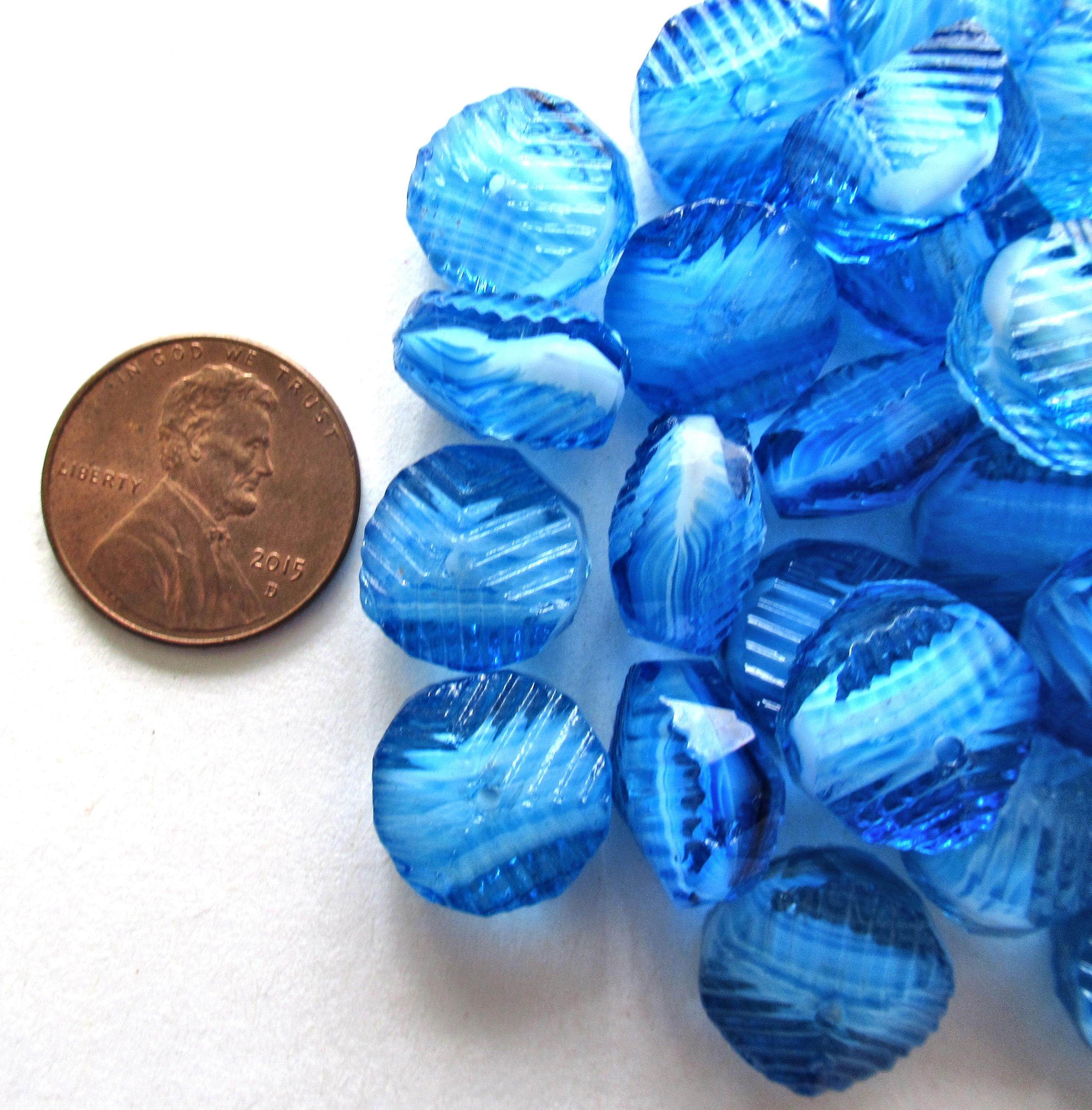 Six Czech glass faceted wavy rondelle beads - large 14 x 6mm - aqua blue & white - chunky statement or focal beads - C00291