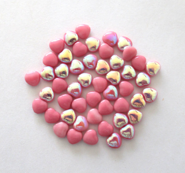 25 Czech glass heart beads - 8mm opaque deep pink ab beads - C00401