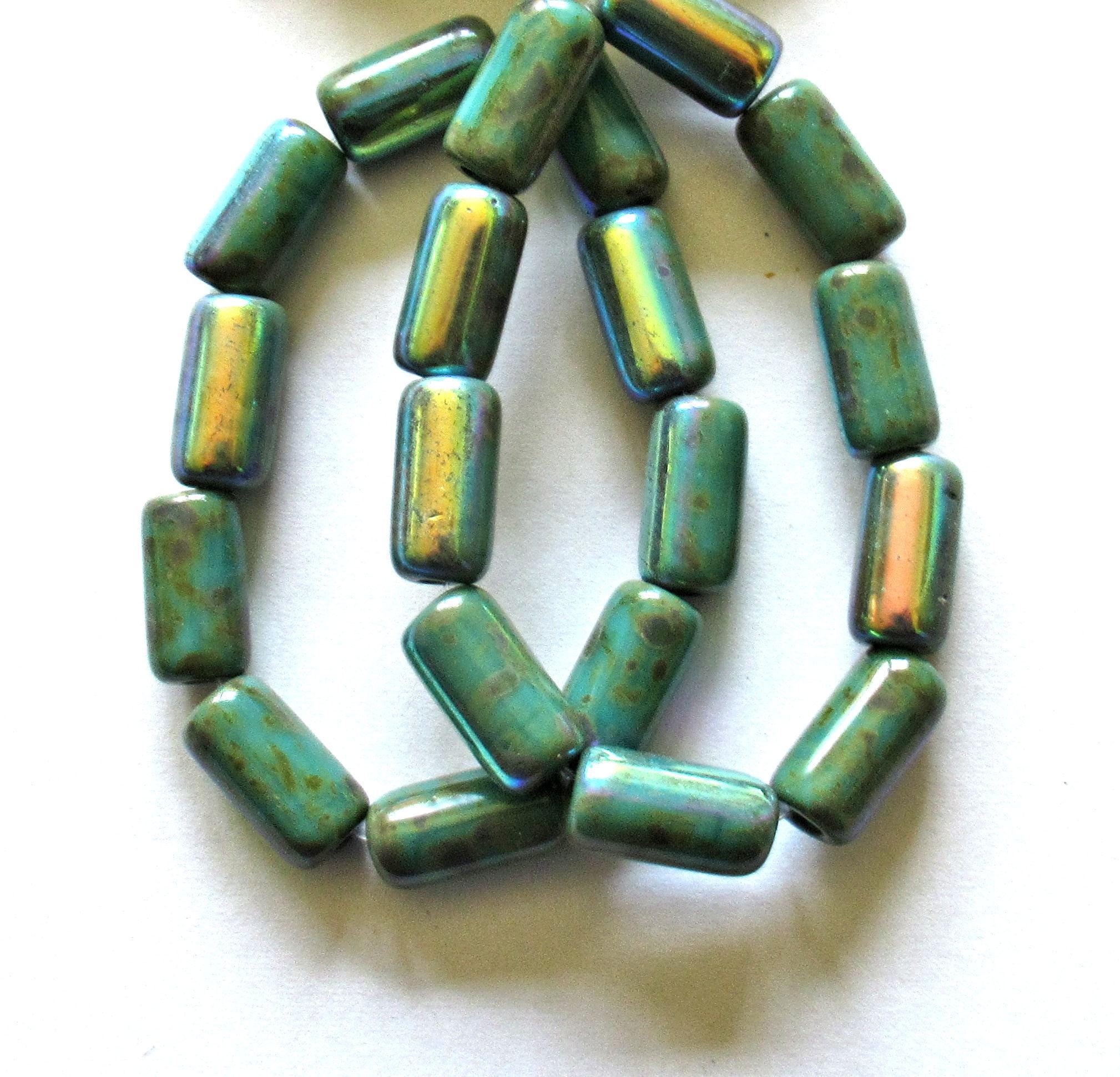 Ten Czech glass tube beads - turquoise green AB w/ picasso coat & big 2mm holes - 7 x 14mm - C00522