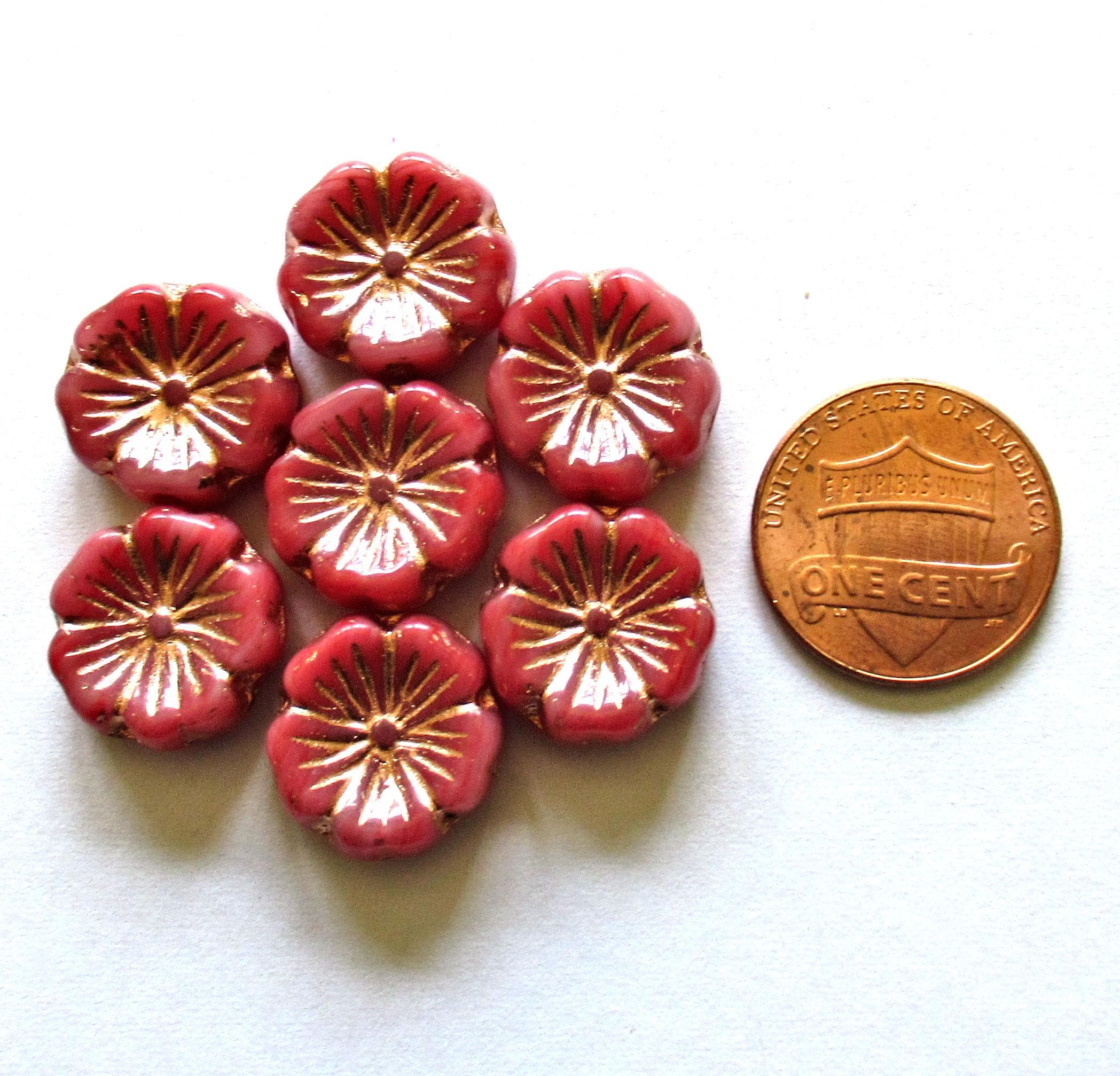 Six Czech glass flower beads - 14mm - light & dark pink mix w/ copper accents - Hawaiian hibiscus flower beads - C00061