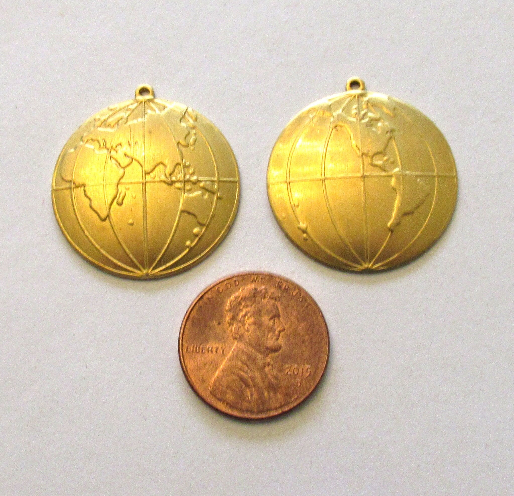 2 Raw Brass Stampings - globe or map dangles - charms - drops - earrings - 1 inch in diameter - made in the USA C0008
