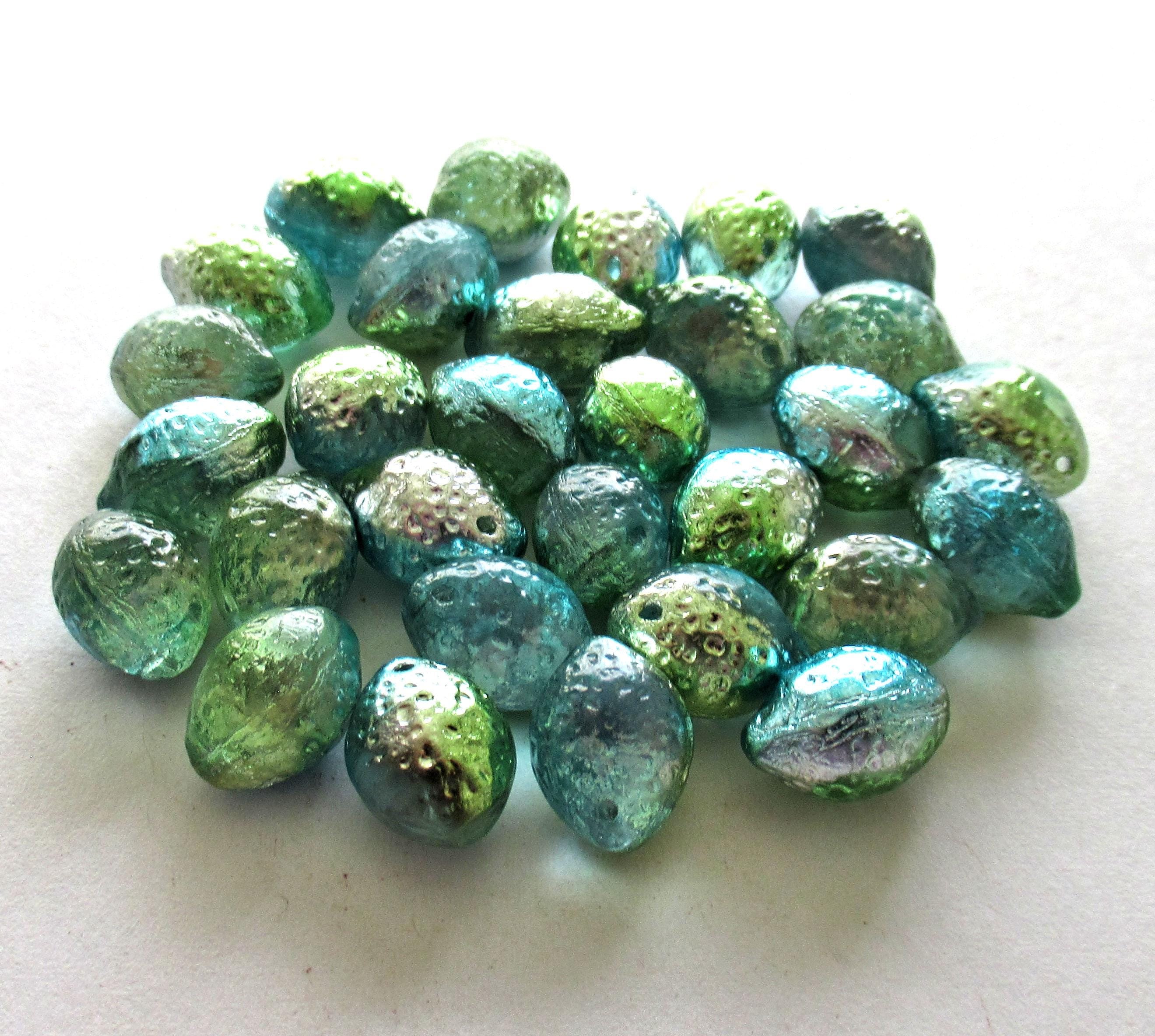 Lemon shaped drop beads - 14 x 10mm - blue green & silver - side drilled - pressed Czech glass beads - 10 pieces - C00831