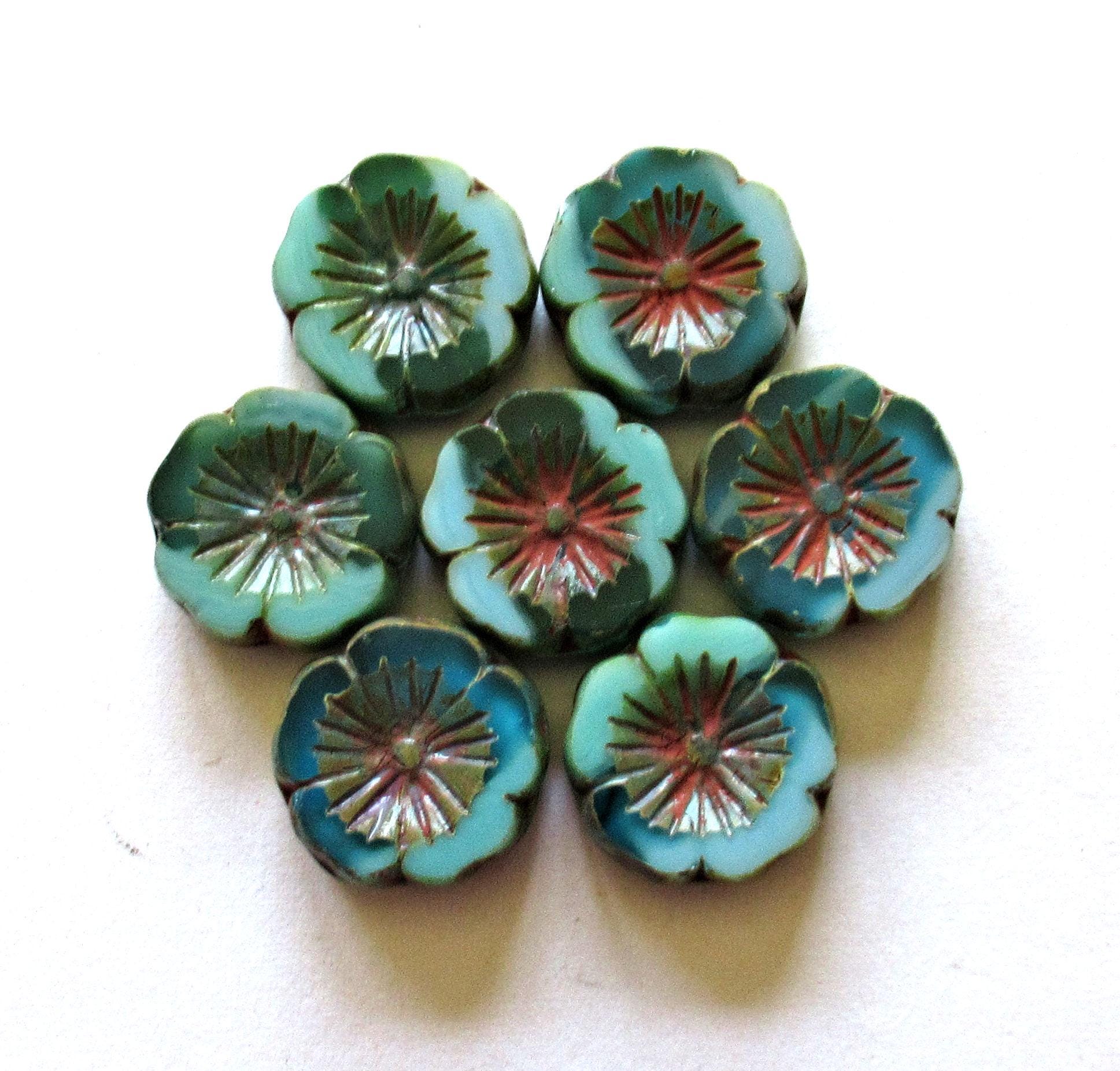Six 14mm Czech glass flower beads - opaque blue & green picasso - table cut carved Hawaiian hibiscus Flower beads - C00042