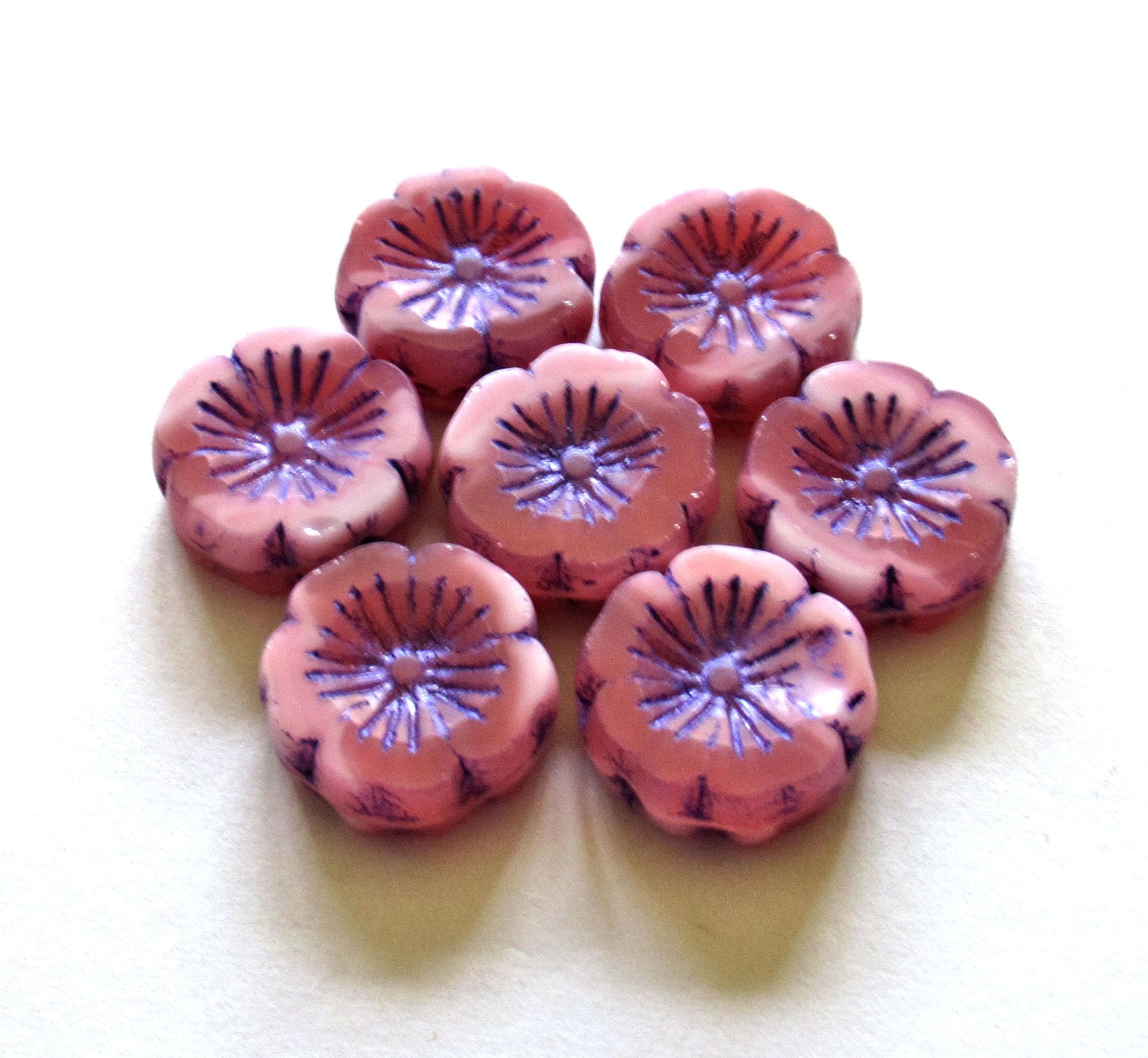 Six Czech glass flower beads - 14mm - light & dark pink mix w/ purple accents - table cut - Hawaiian hibiscus flower beads - C00342