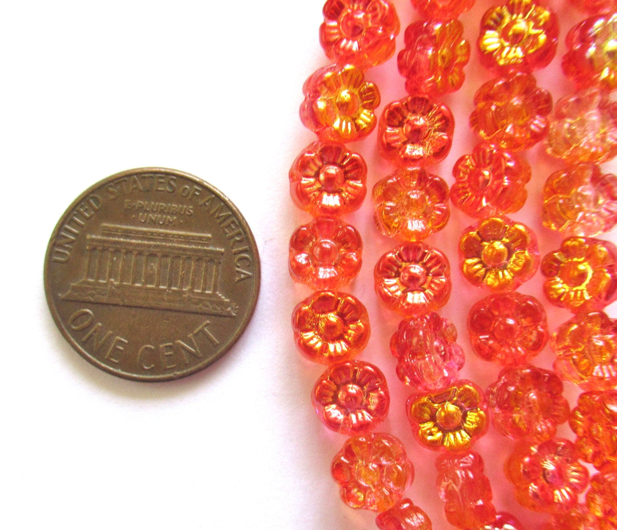 Thirty 6mm small Czech glass flower beads - hyacinth orange ab pressed glass flower beads - C00121